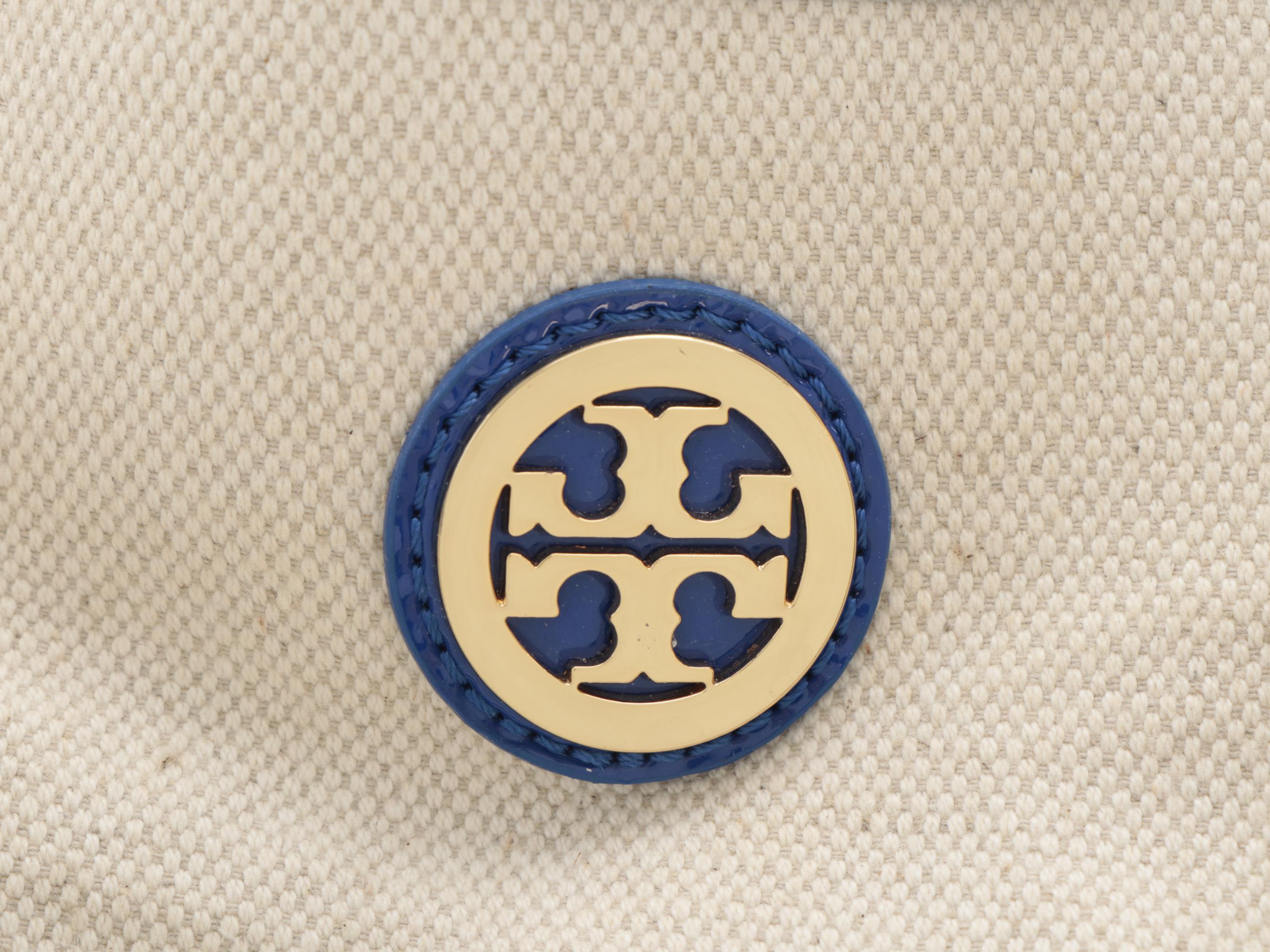 Tory Burch Tote in Natural Canvas and Blue Patent Leather