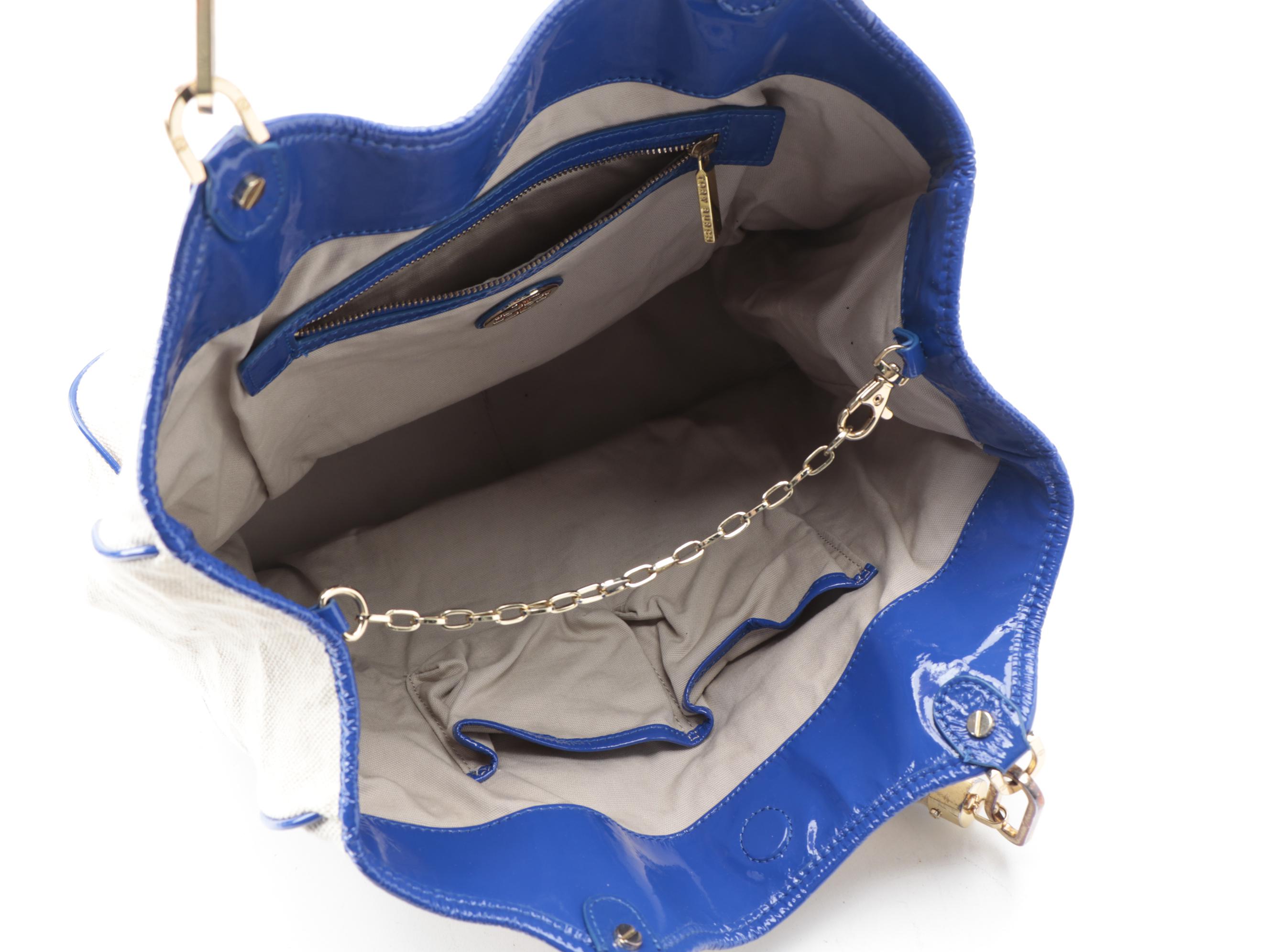 Tory Burch Tote in Natural Canvas and Blue Patent Leather