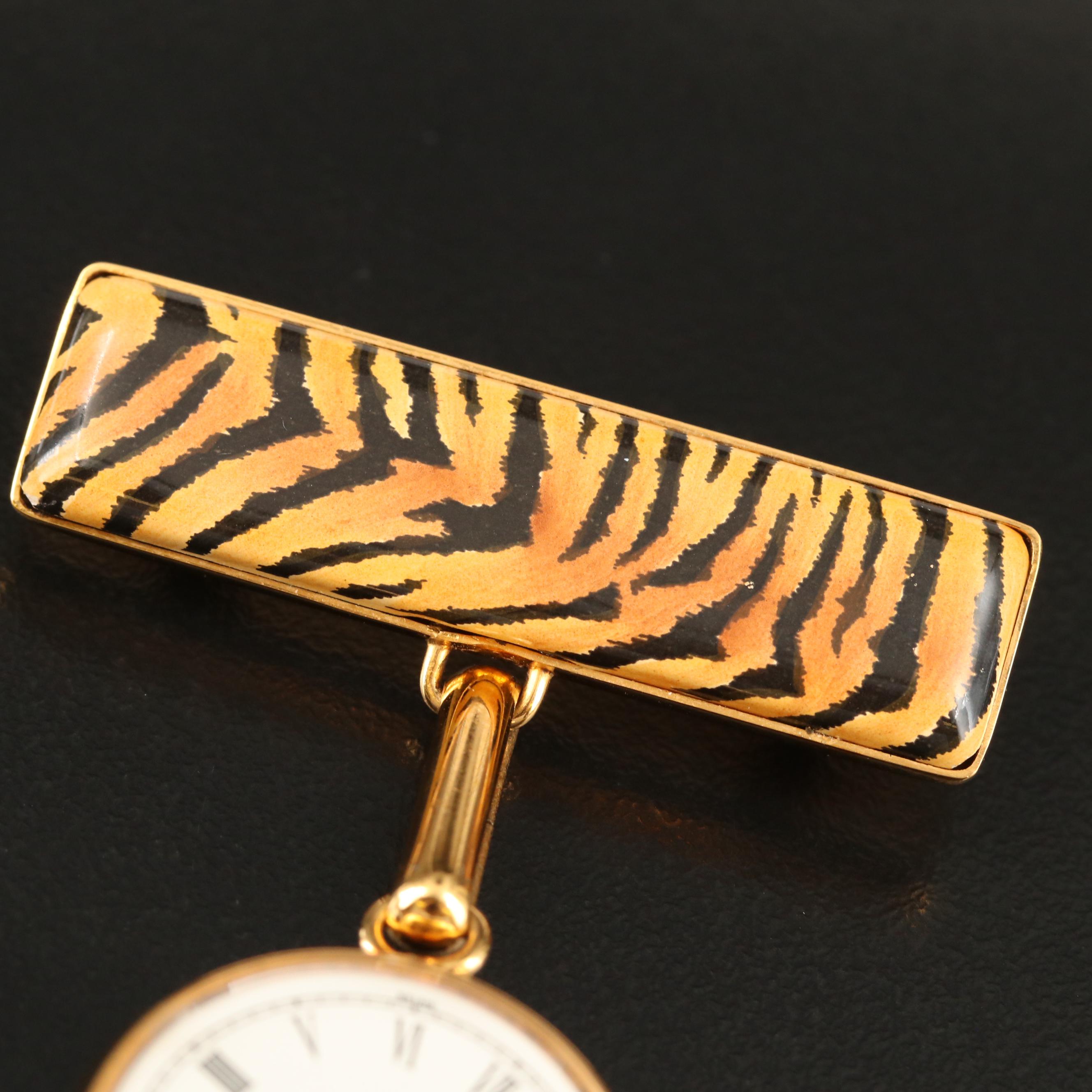 Halcyon Days Enamel and Gold Tone Quartz Brooch Watch