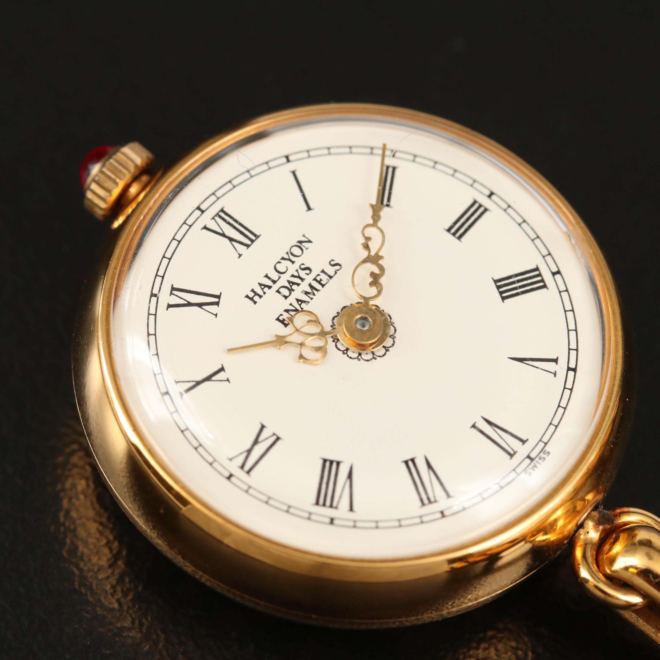 Halcyon Days Enamel and Gold Tone Quartz Brooch Watch