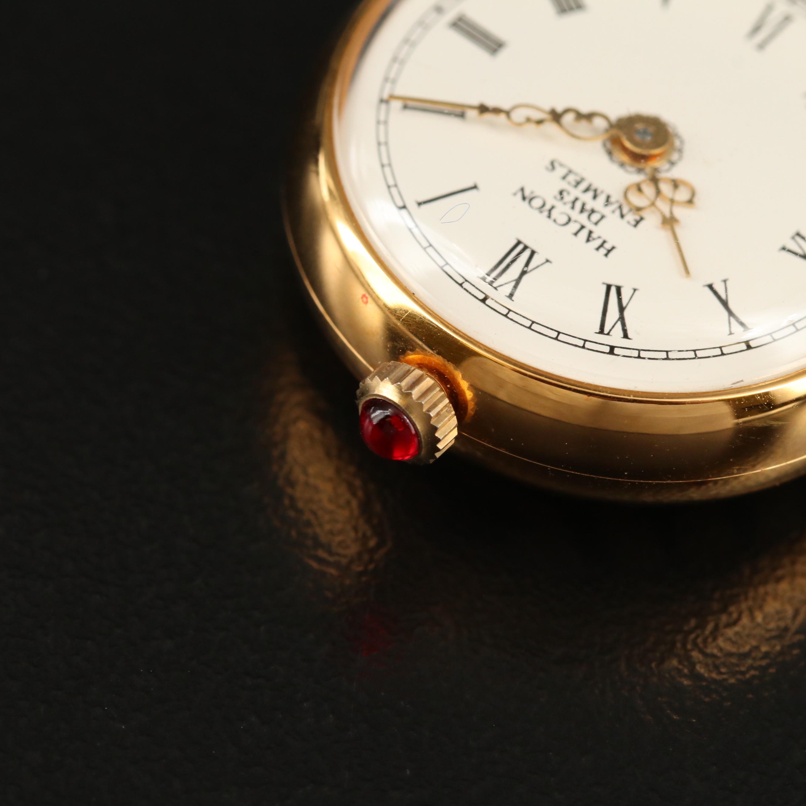 Halcyon Days Enamel and Gold Tone Quartz Brooch Watch