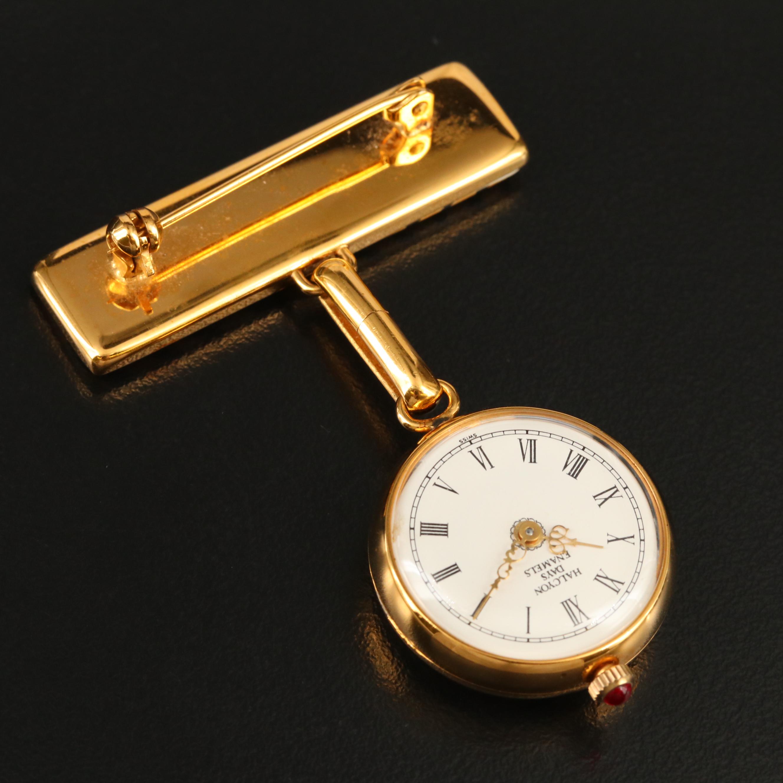 Halcyon Days Enamel and Gold Tone Quartz Brooch Watch