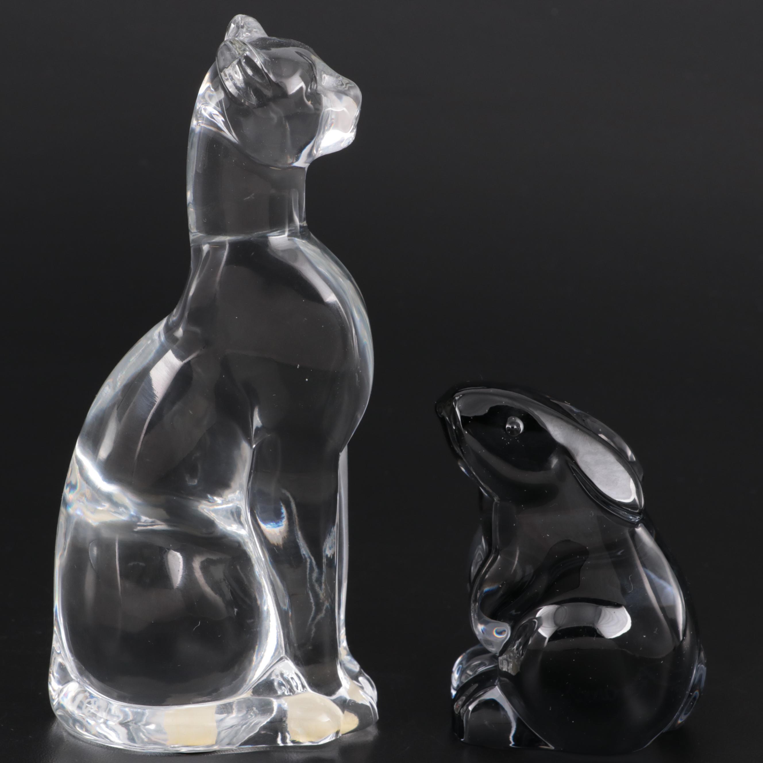 Baccarat "Egyptian Cat" and "Rabbit Sitting" Crystal Figurines