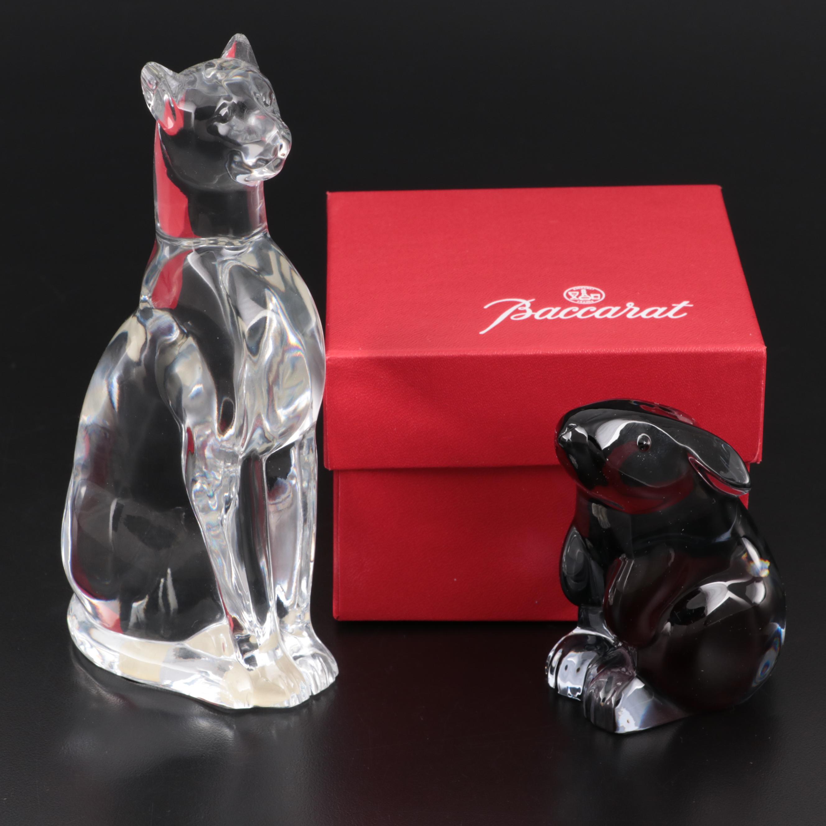 Baccarat "Egyptian Cat" and "Rabbit Sitting" Crystal Figurines