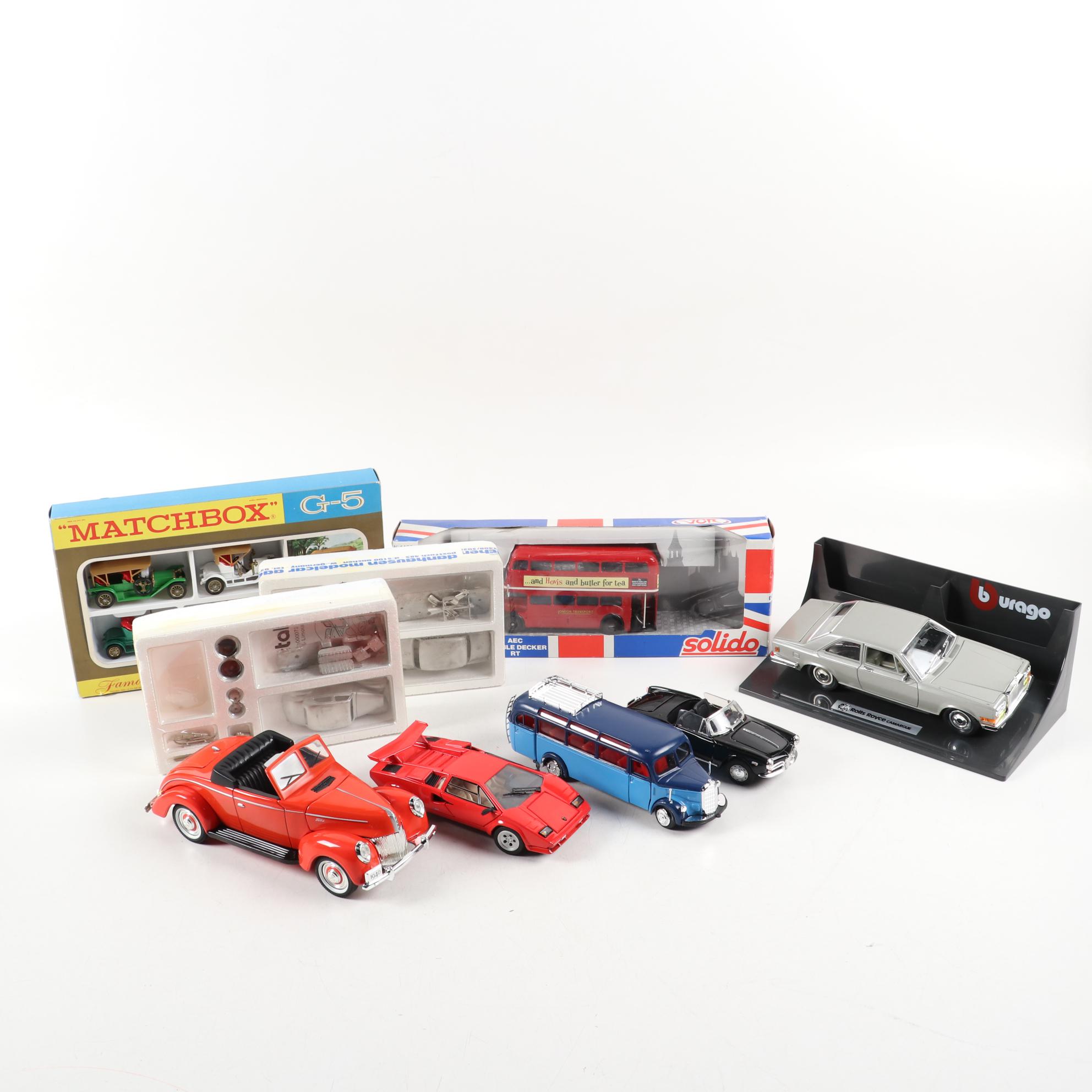 Lamborghini Countach, London Bus, and Other Diecast Model Cars