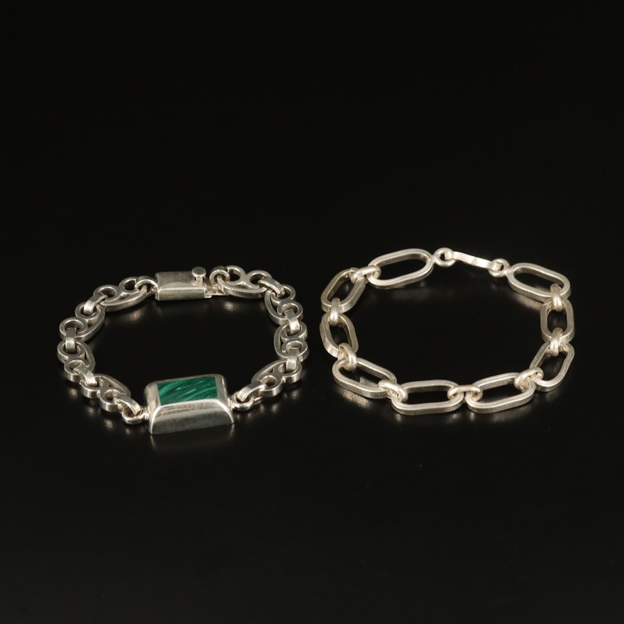 Sterling Faux Malachite Inlay and Oval Link Bracelets