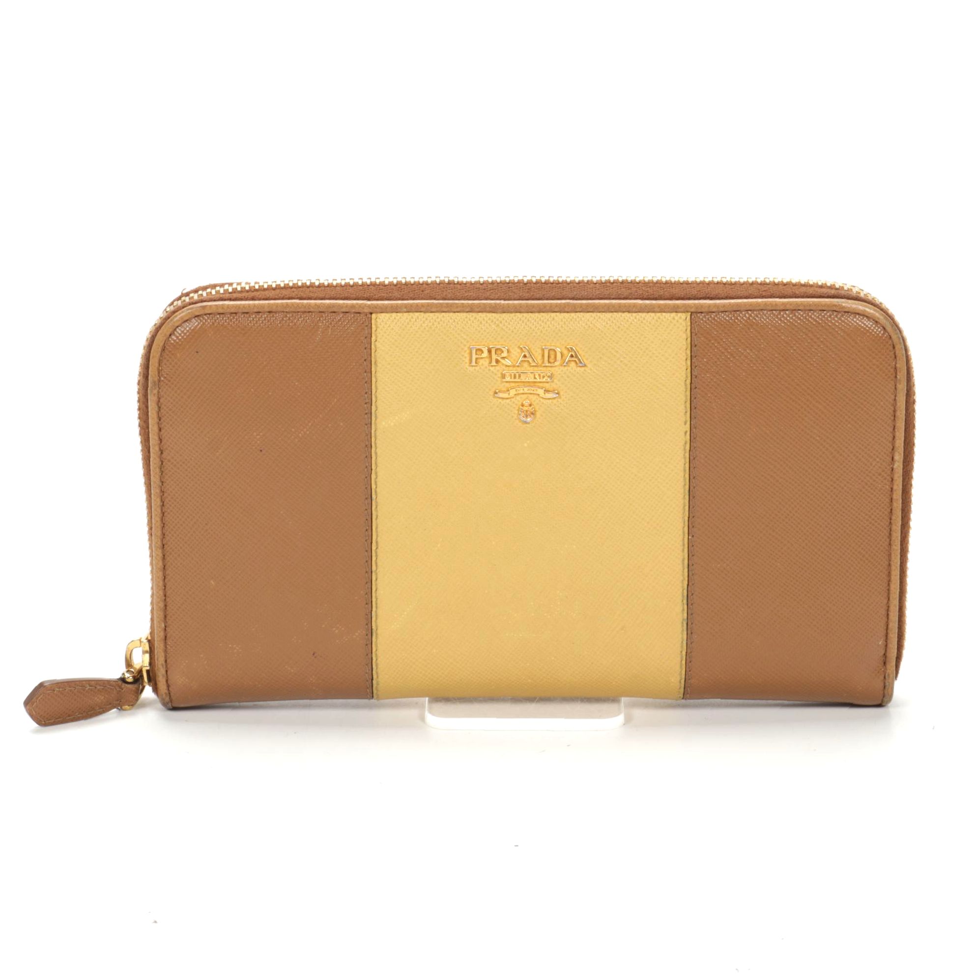 Prada Zip Wallet in Yellow and Tan Saffiano Leather
