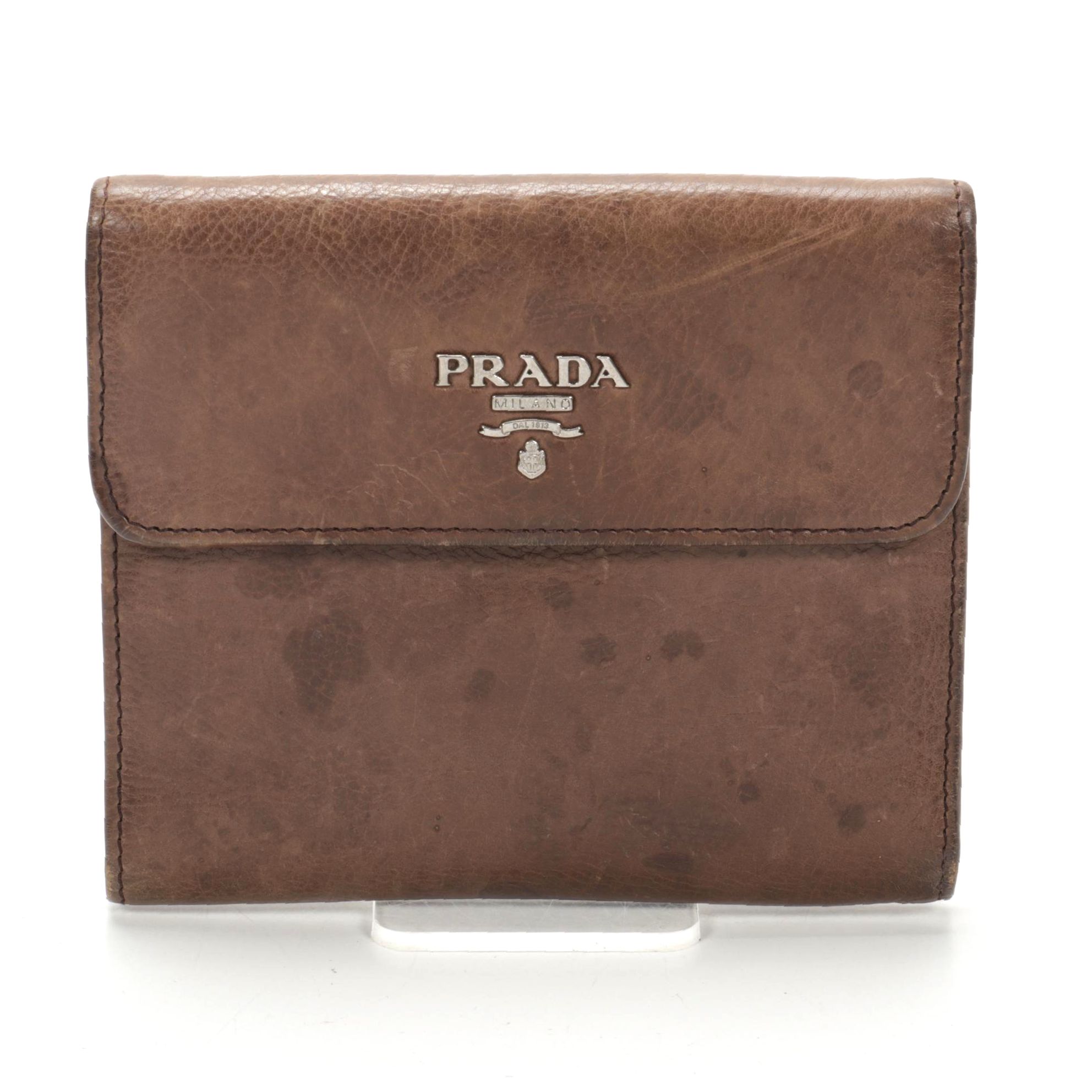 Prada Trifold Wallet in Brown Grained Leather