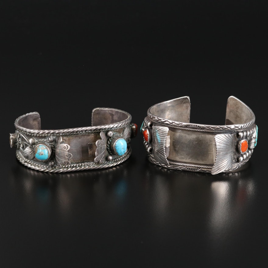 Artist Signed Southwestern Style Sterling Silver Coral and Turquoise Watch Cuffs