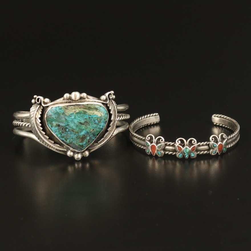 Western Sterling Eilat Stone, Coral and Turquoise Butterfly and Feather Cuffs