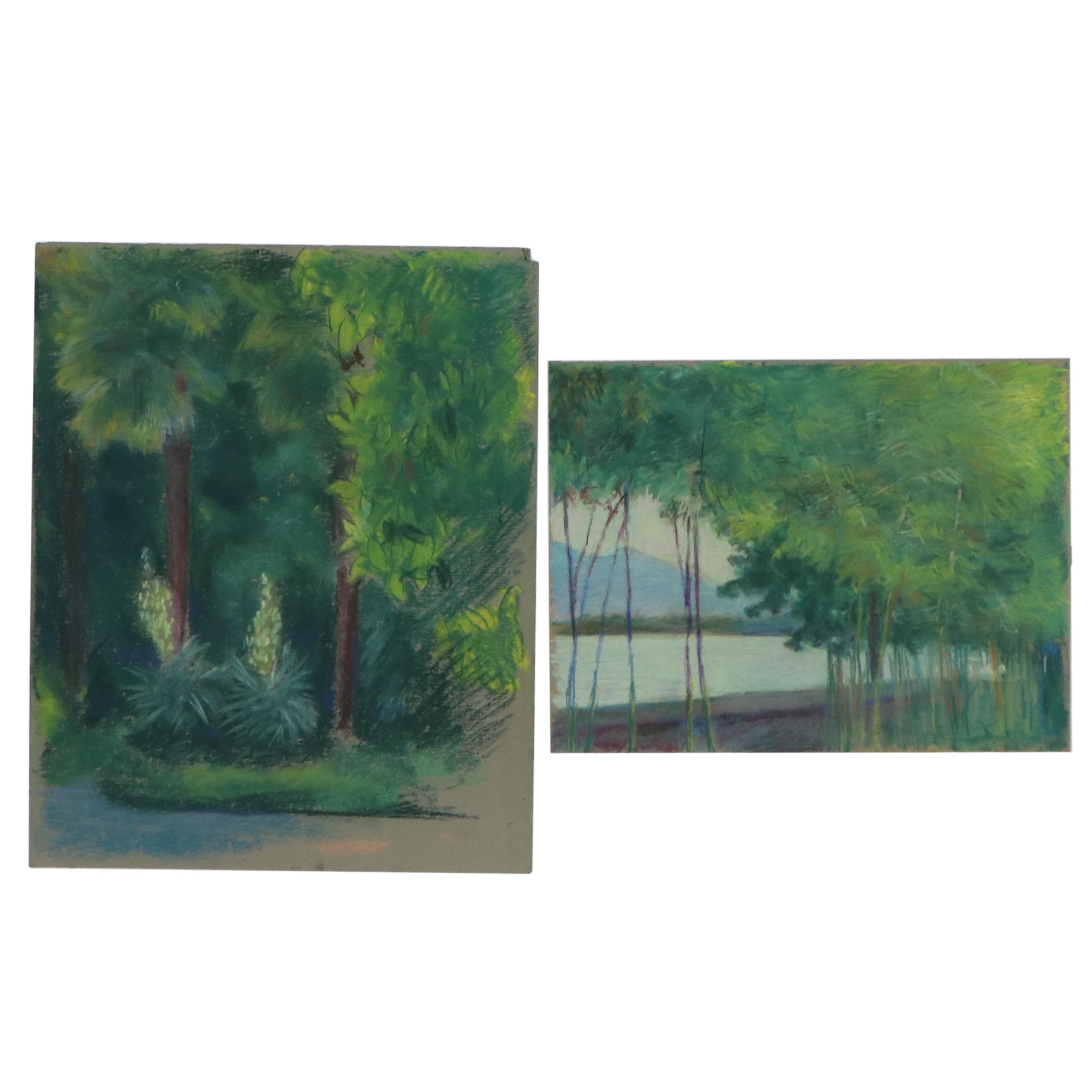 Rabbi Frederick Solomon Forested Landscape Pastel Drawings, Mid-20th Century