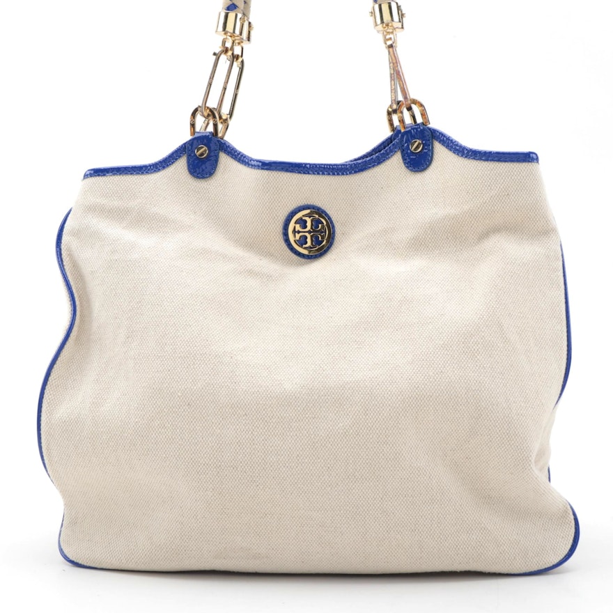 Tory Burch Tote in Natural Canvas and Blue Patent Leather