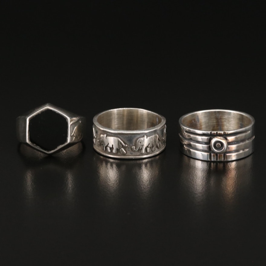 Sterling Silver Rings Including Niello Enamel and Elephant Band