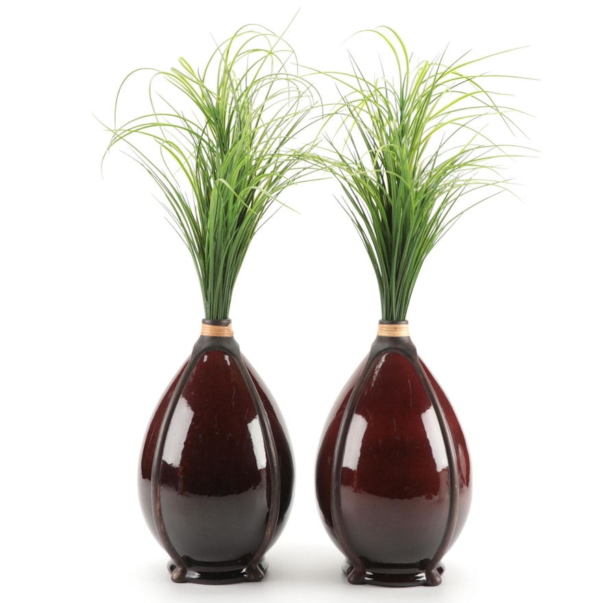Pier 1 Ribbed Ceramic Vases with Artificial Greenery