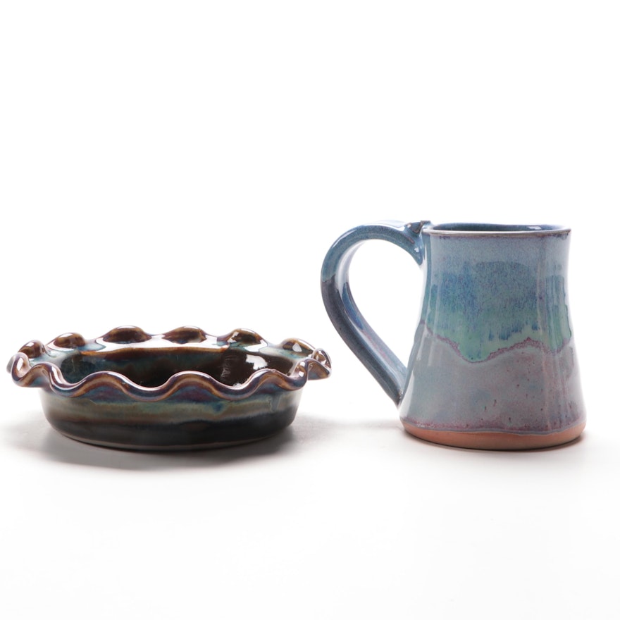Berger Scalloped Edge Dish, and Other Art Pottery Mug, Contemporary