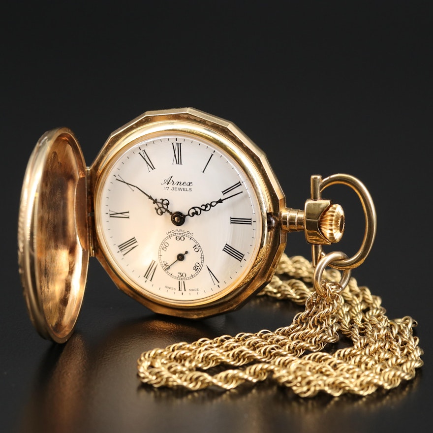 Vintage Arnex Gold Tone Pocket Watch with 14K Gold Filled Chain Fob