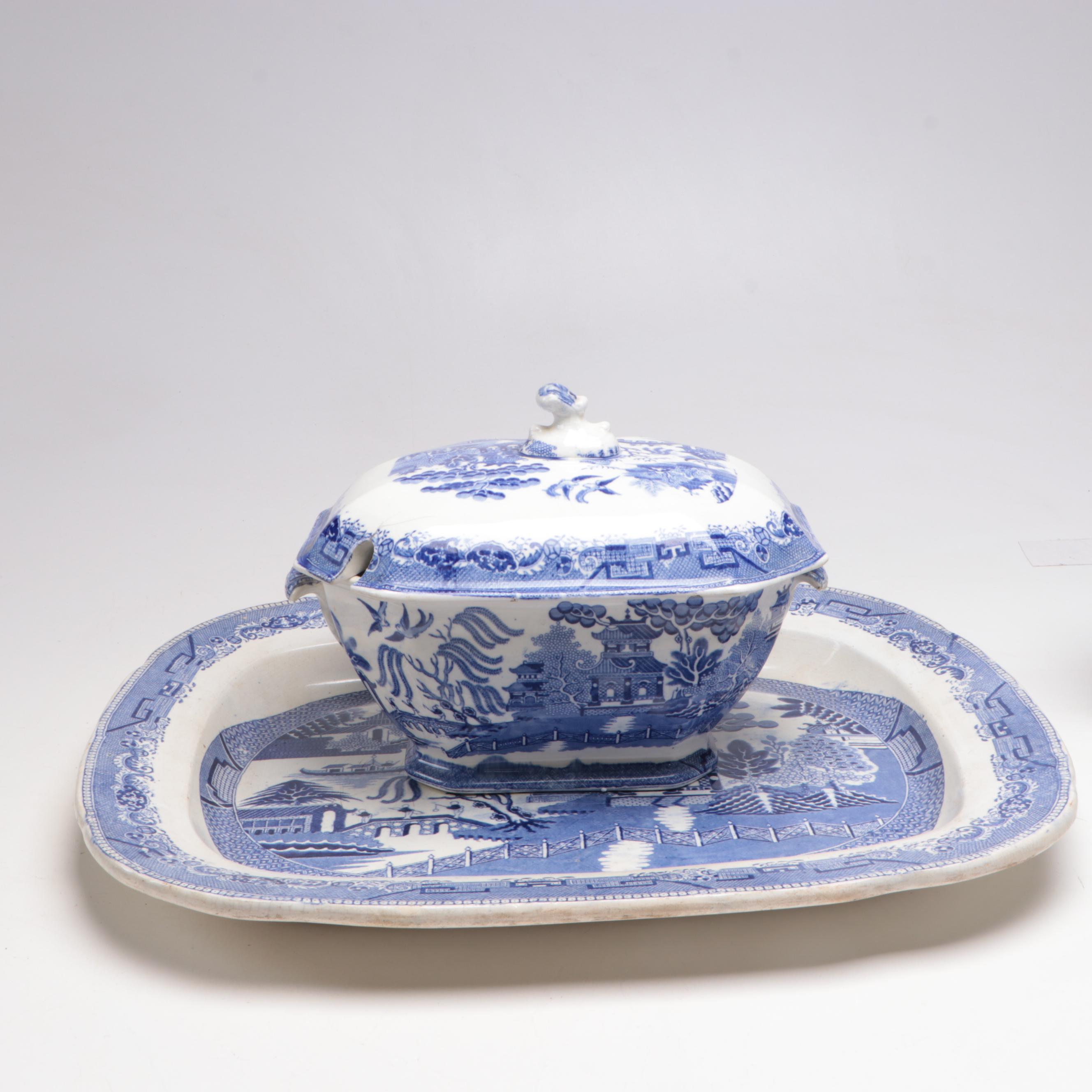English "Blue Willow" Transferware Soup Tureen and Serving Tray, 19th Century