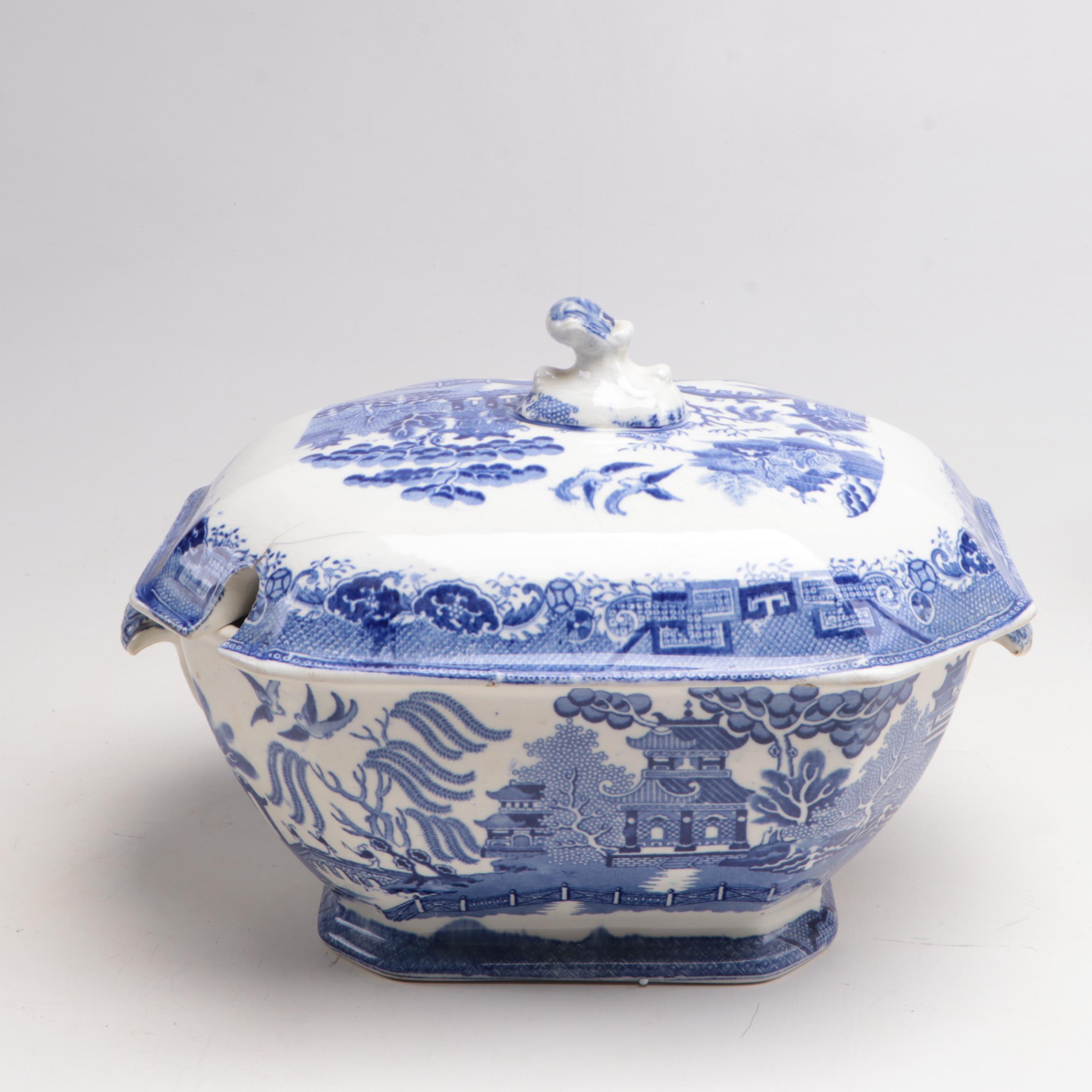 English "Blue Willow" Transferware Soup Tureen and Serving Tray, 19th Century