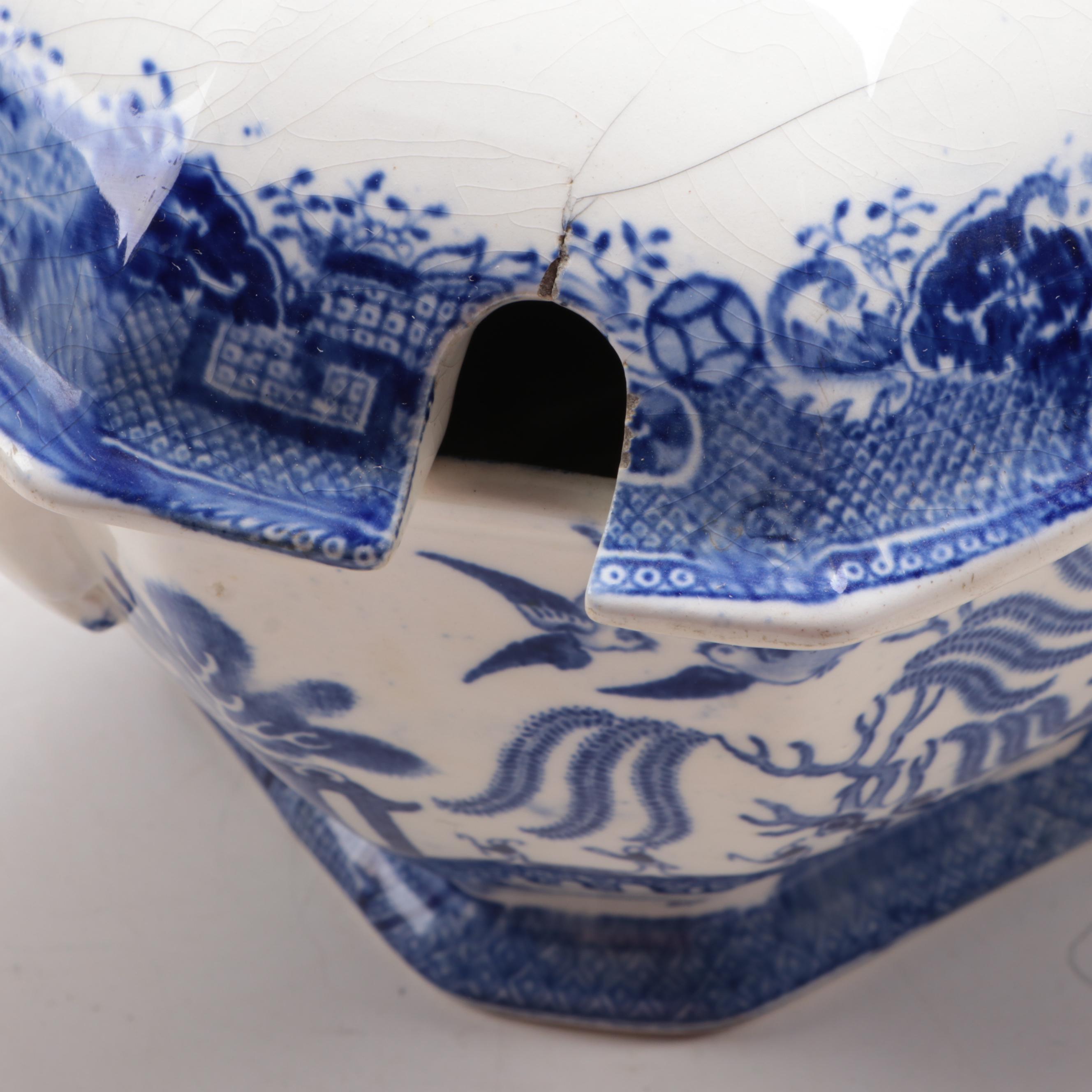 English "Blue Willow" Transferware Soup Tureen and Serving Tray, 19th Century