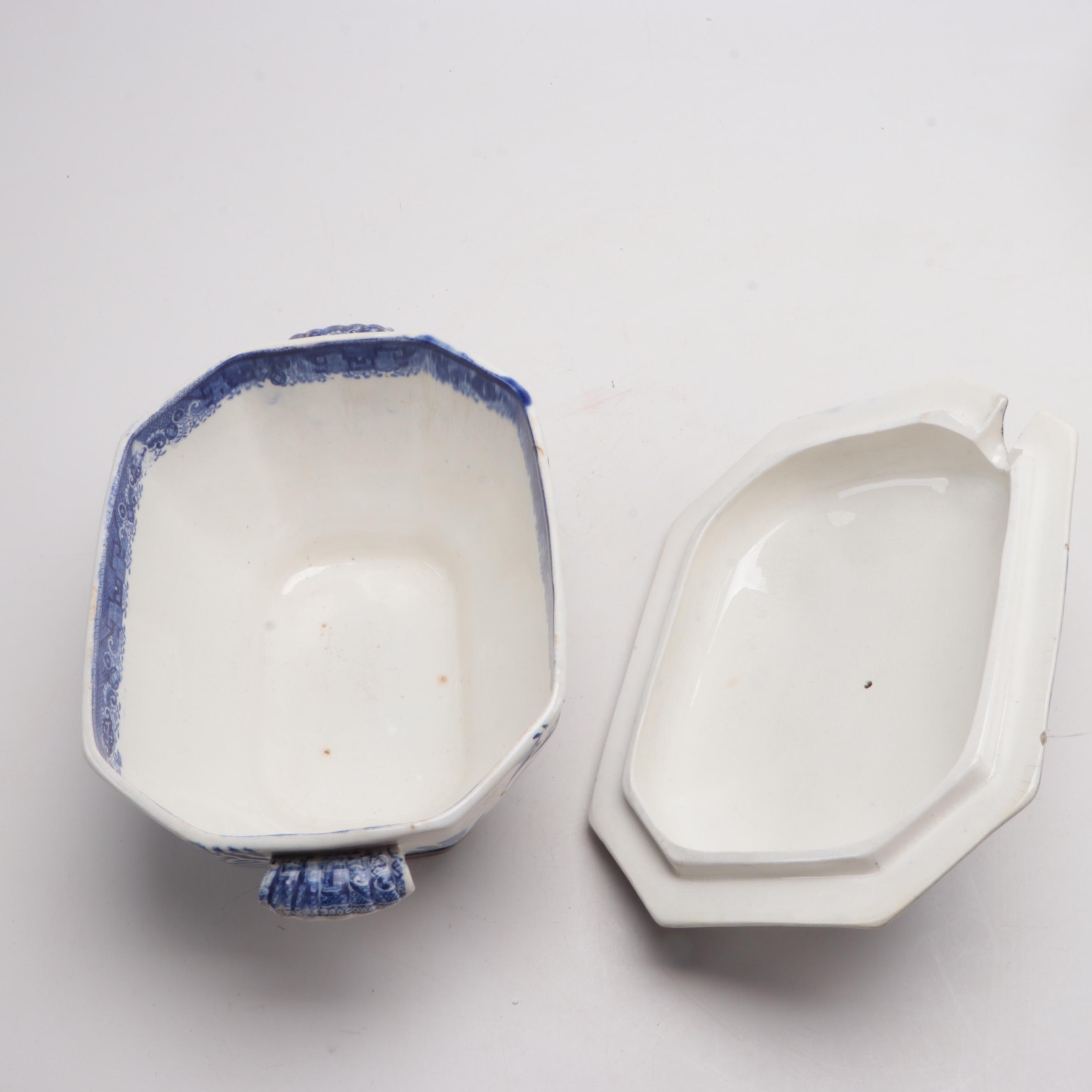 English "Blue Willow" Transferware Soup Tureen and Serving Tray, 19th Century