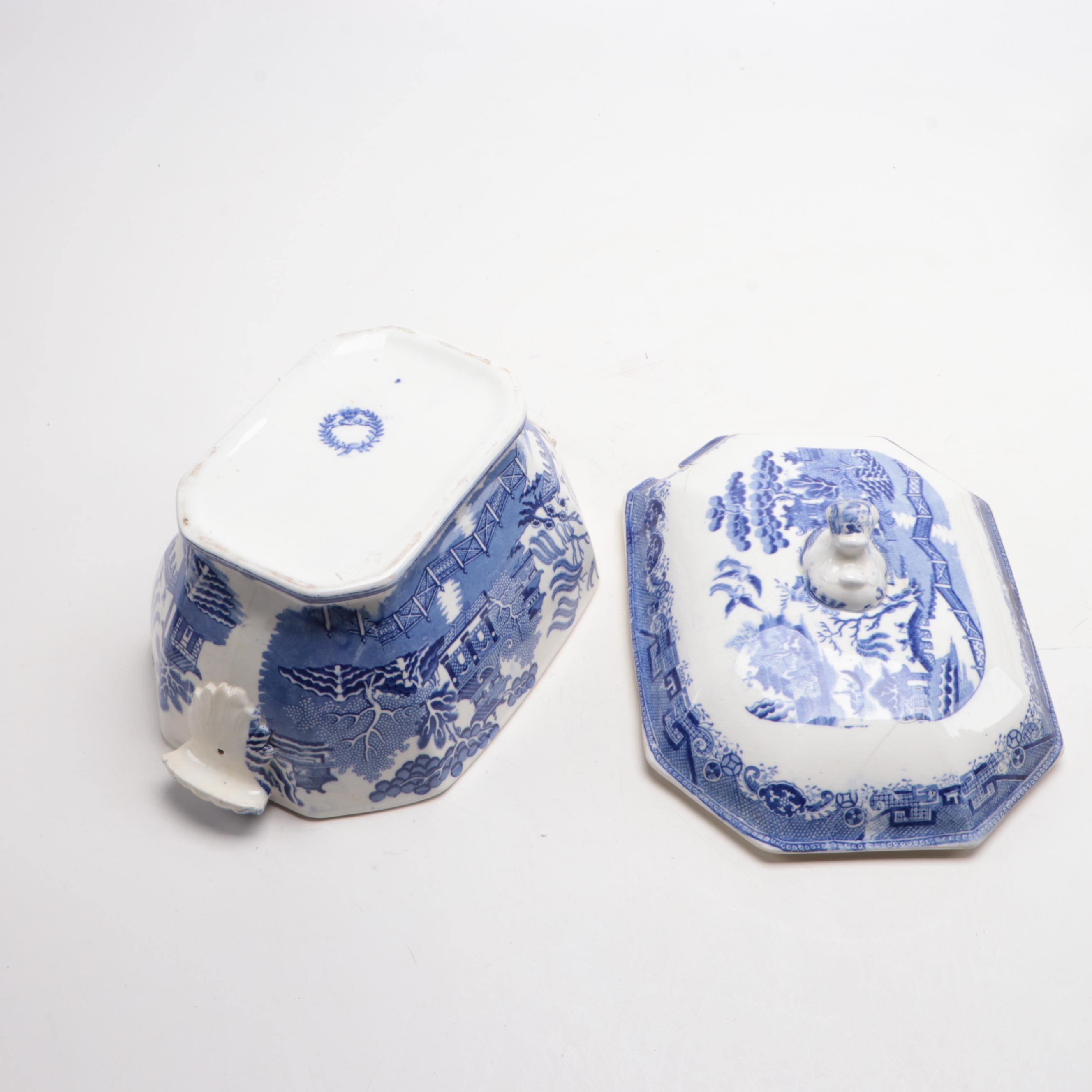 English "Blue Willow" Transferware Soup Tureen and Serving Tray, 19th Century