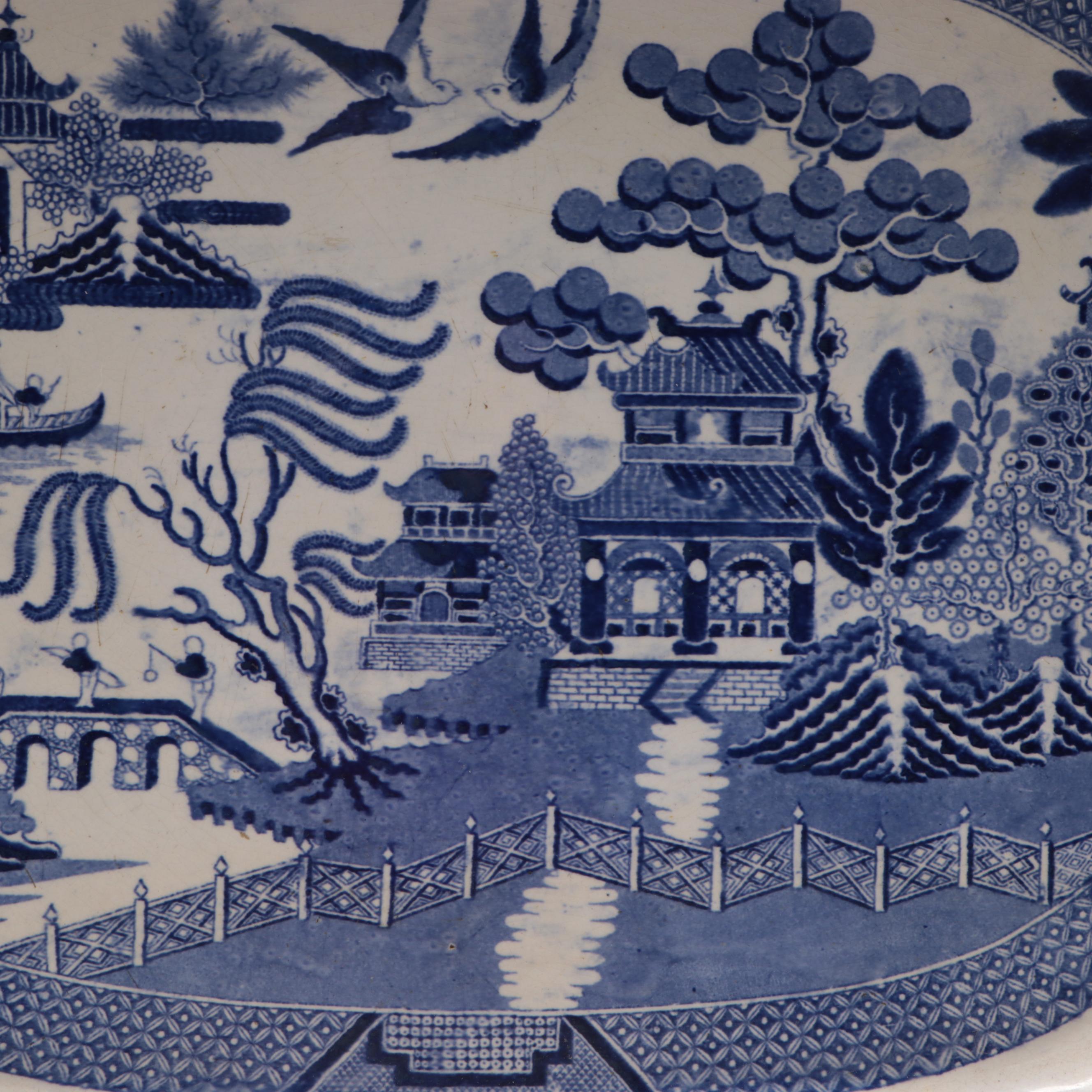 English "Blue Willow" Transferware Soup Tureen and Serving Tray, 19th Century