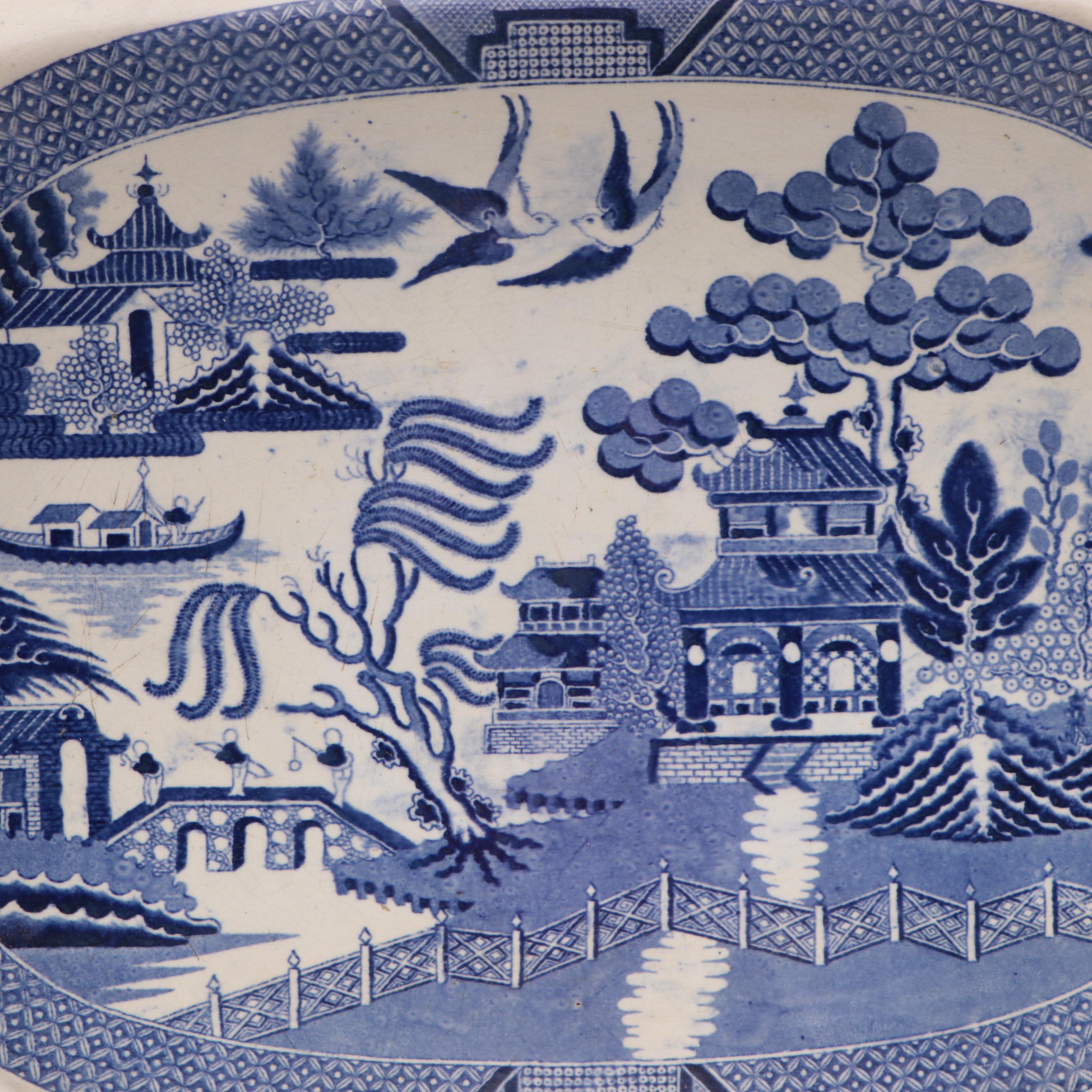 English "Blue Willow" Transferware Soup Tureen and Serving Tray, 19th Century