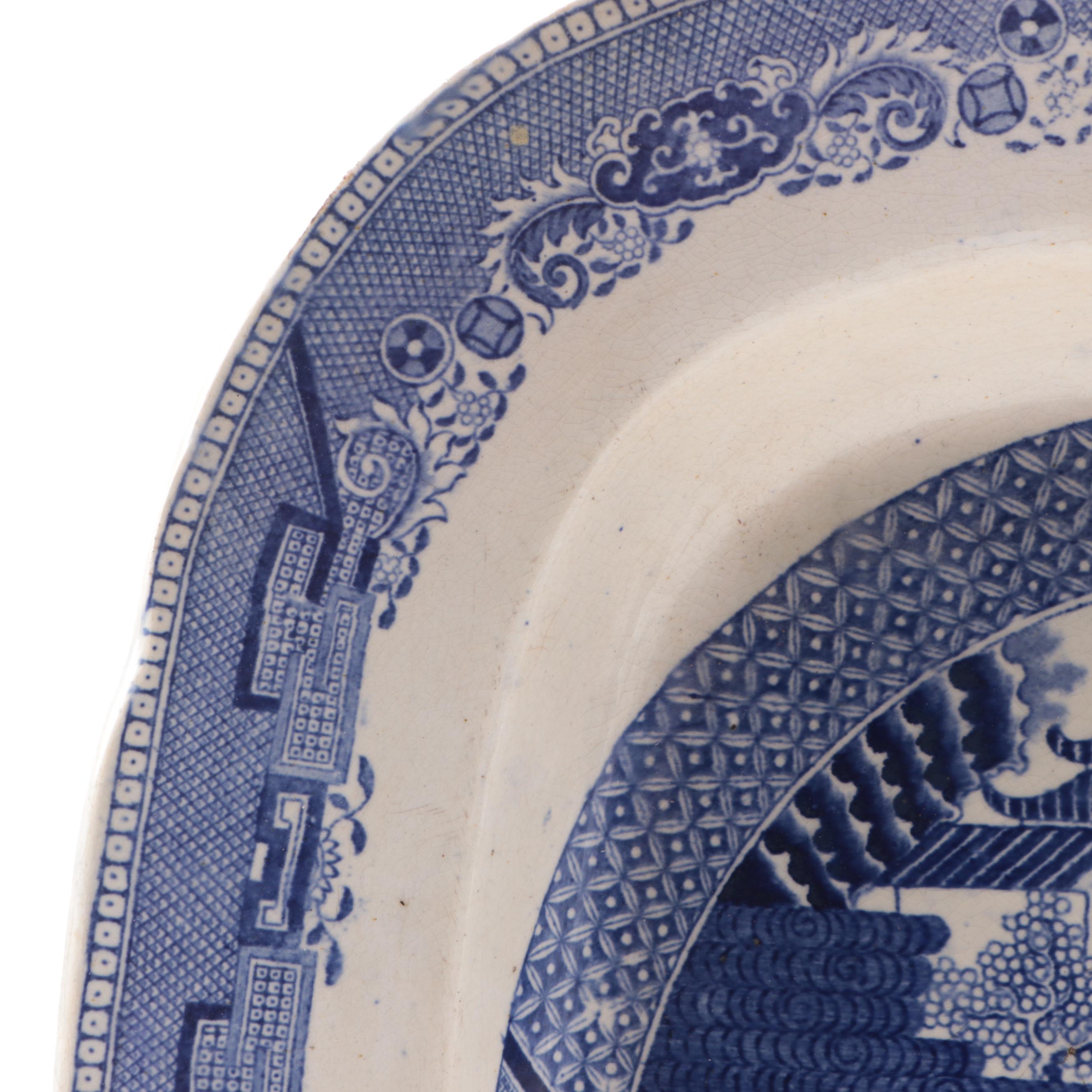 English "Blue Willow" Transferware Soup Tureen and Serving Tray, 19th Century