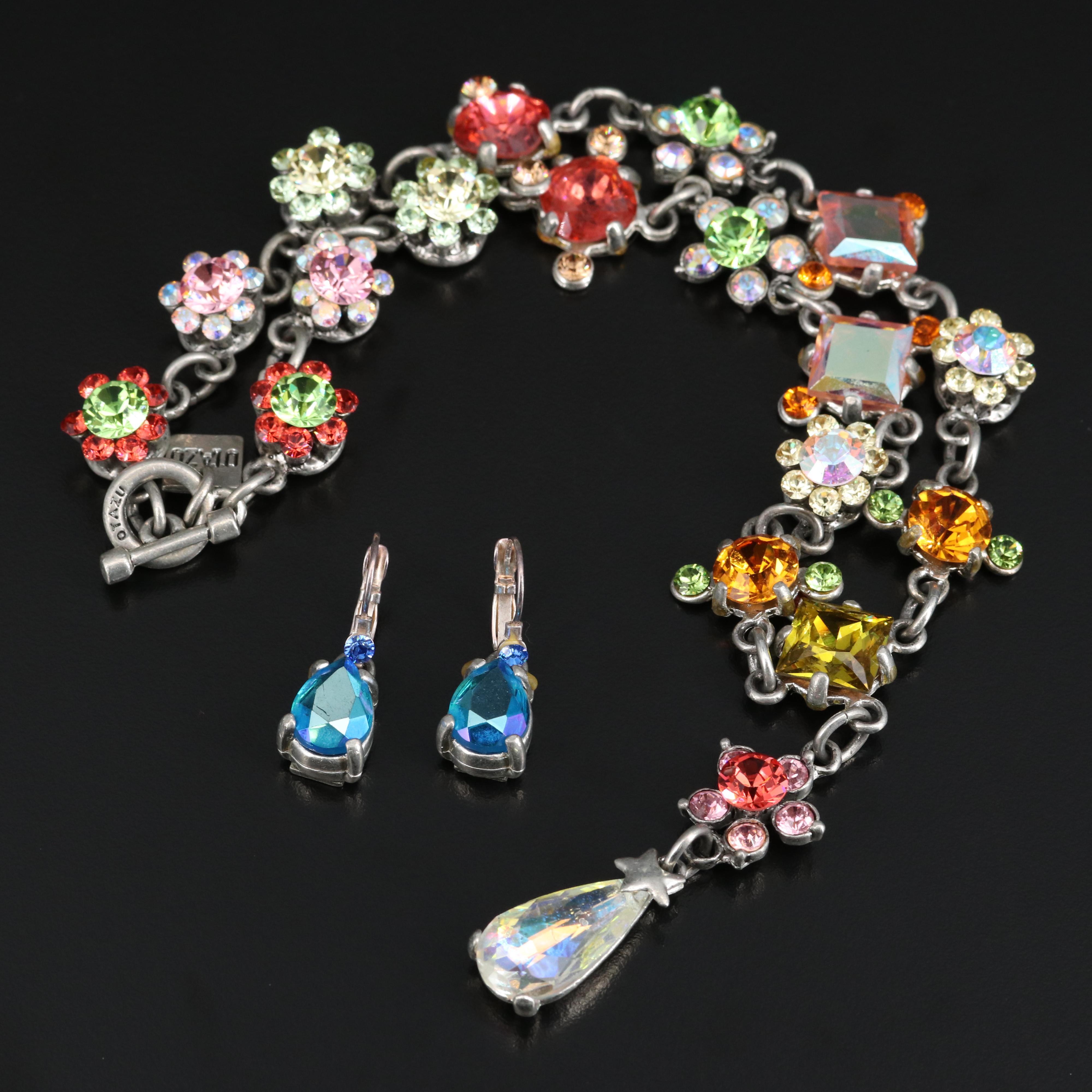 Rodrigo Otazu Rhinestone Flower Necklace and Earrings