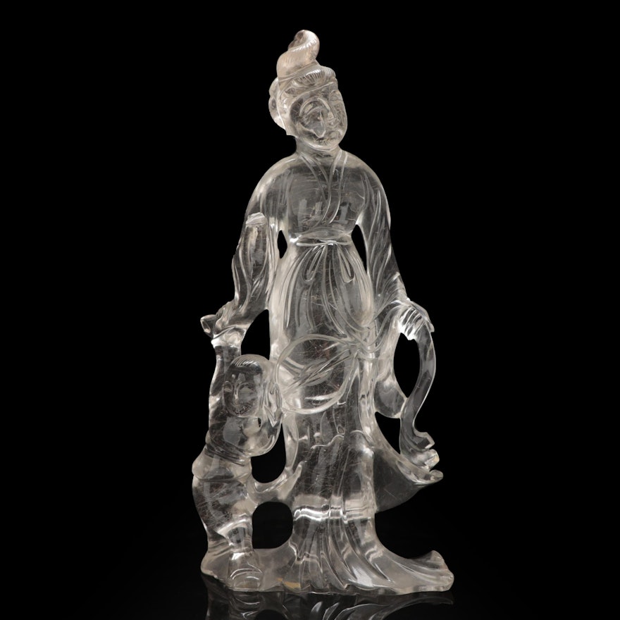 Chinese Carved Rock Crystal Quartz Guanyin with Child Figurine