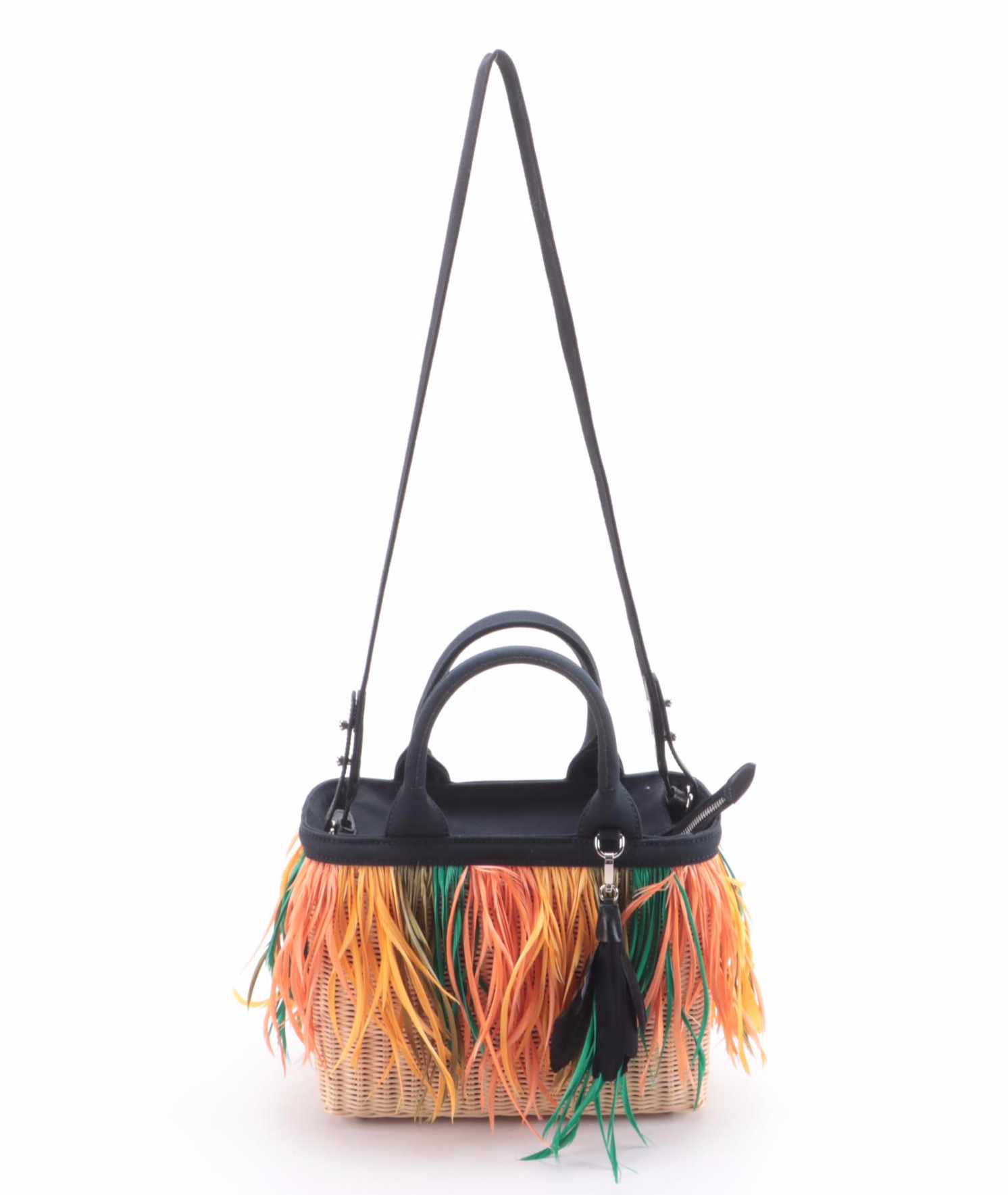 Prada Midollino Woven Wicker and Feather Fringe Two-Way Bag