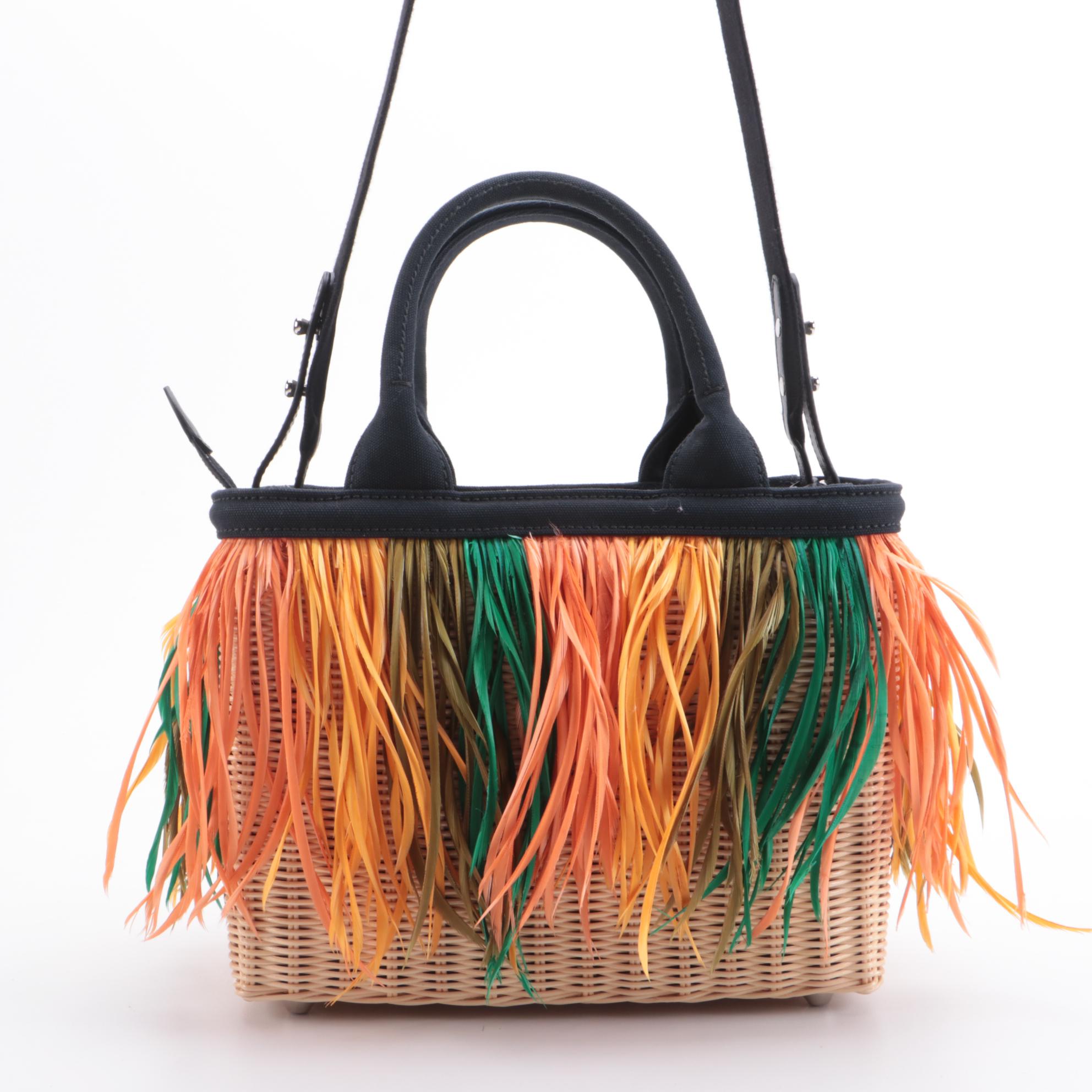 Prada Midollino Woven Wicker and Feather Fringe Two-Way Bag