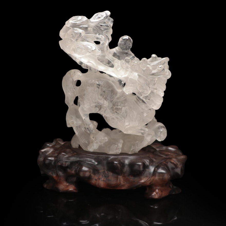 Chinese Rock Crystal Quartz Carving of Buddha Riding Mythical Qilin