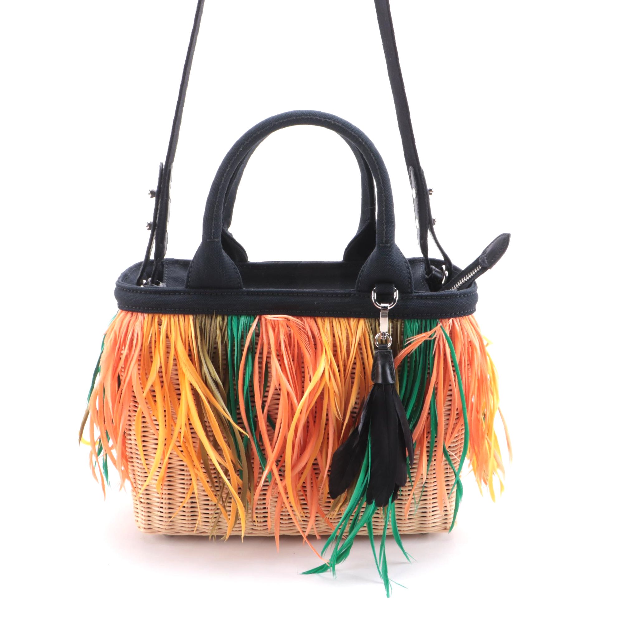 Prada Midollino Woven Wicker and Feather Fringe Two-Way Bag