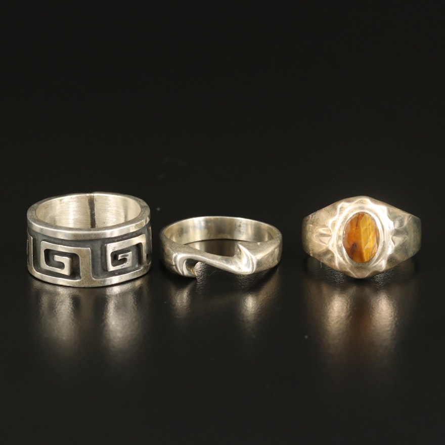 Sterling Tiger's Eye, Wave and Greek Key Rings