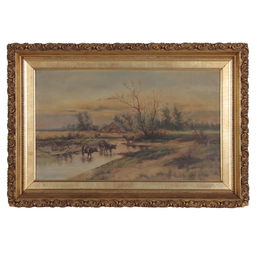 Dutch School Landscape Oil Painting of Cattle at the River, Late 19th Century
