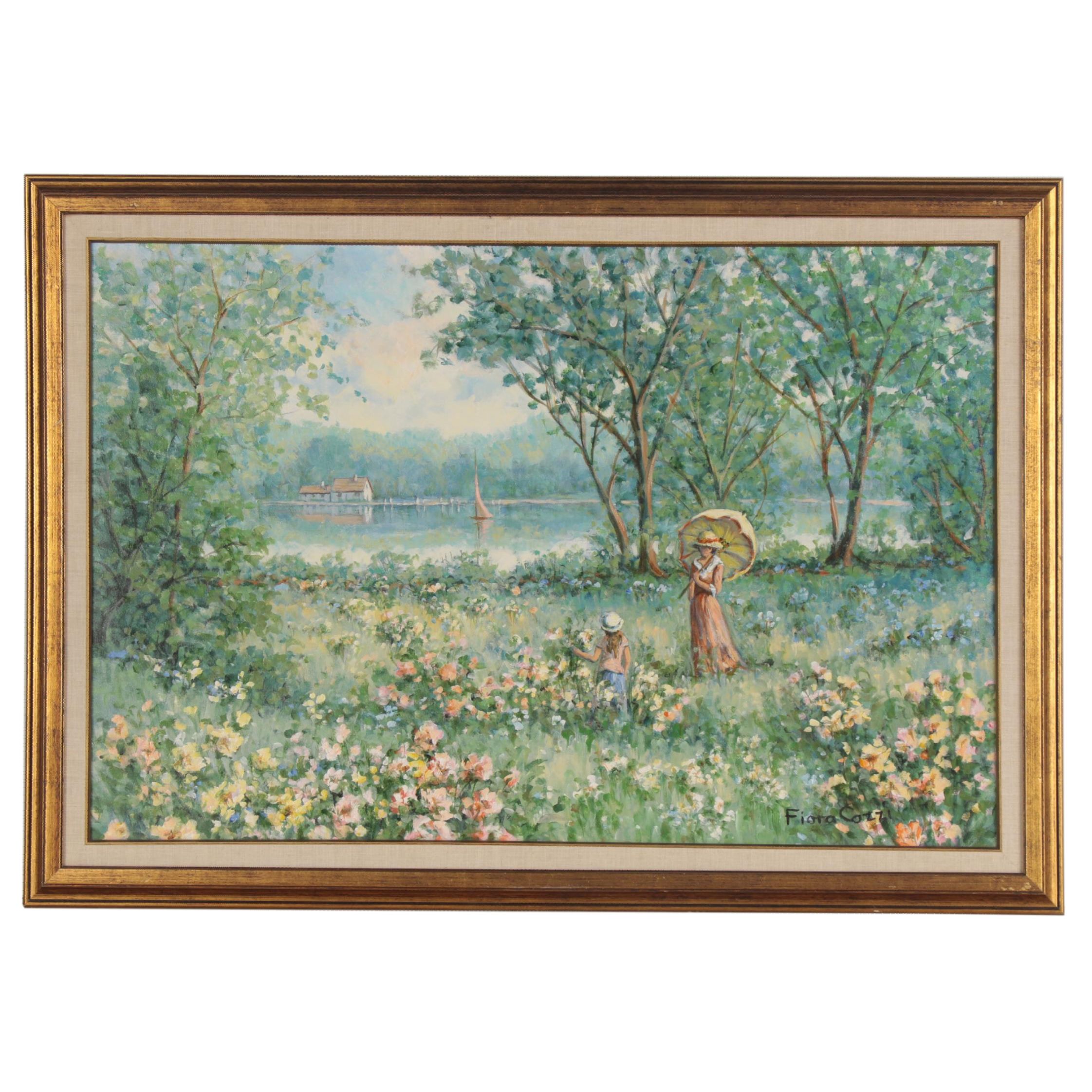 Fiora Cozzi Oil Painting of Garden Scene, Late 20th Century