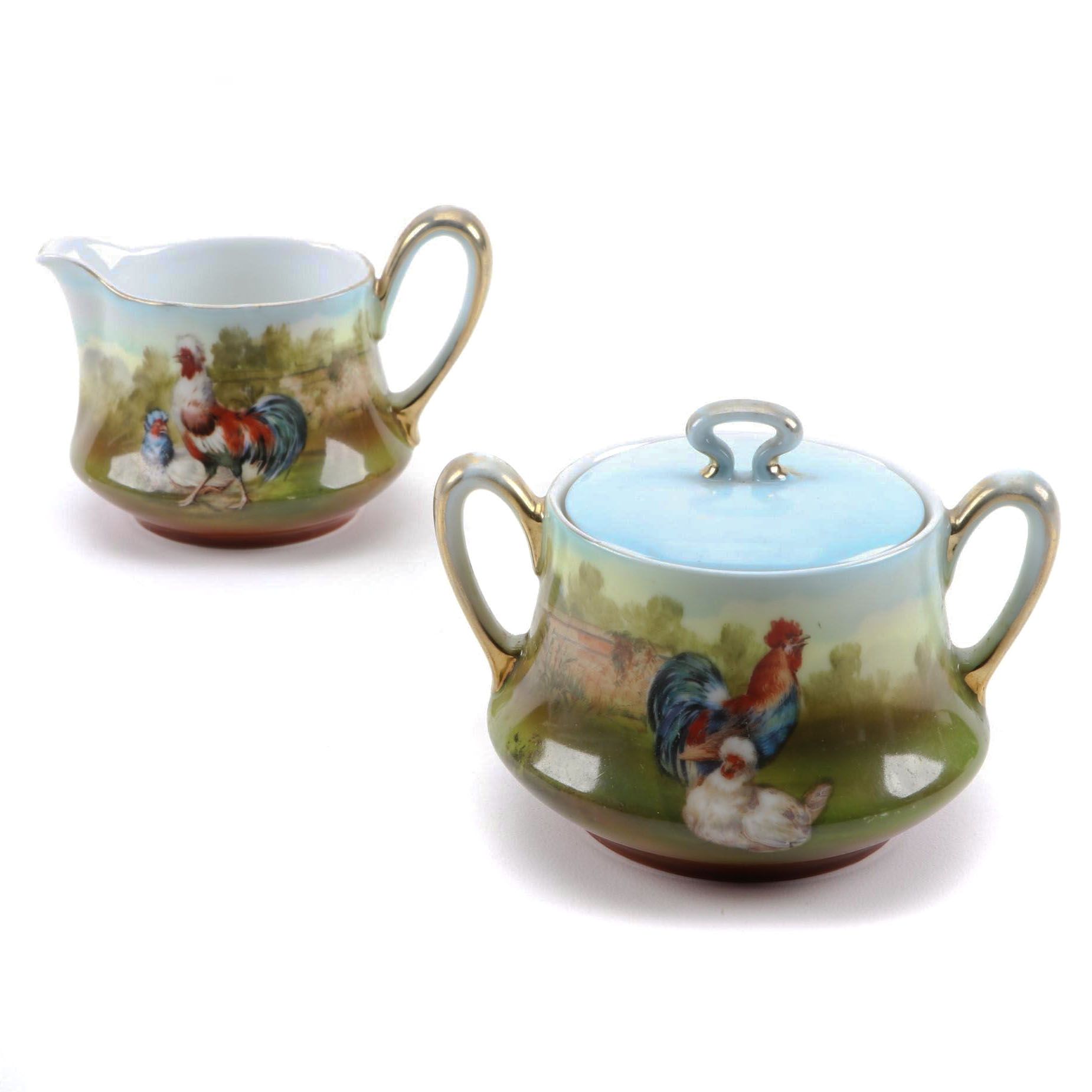 Royal Bayreuth Rooster Themed Porcelain Creamer and Sugar, Early 20th C.
