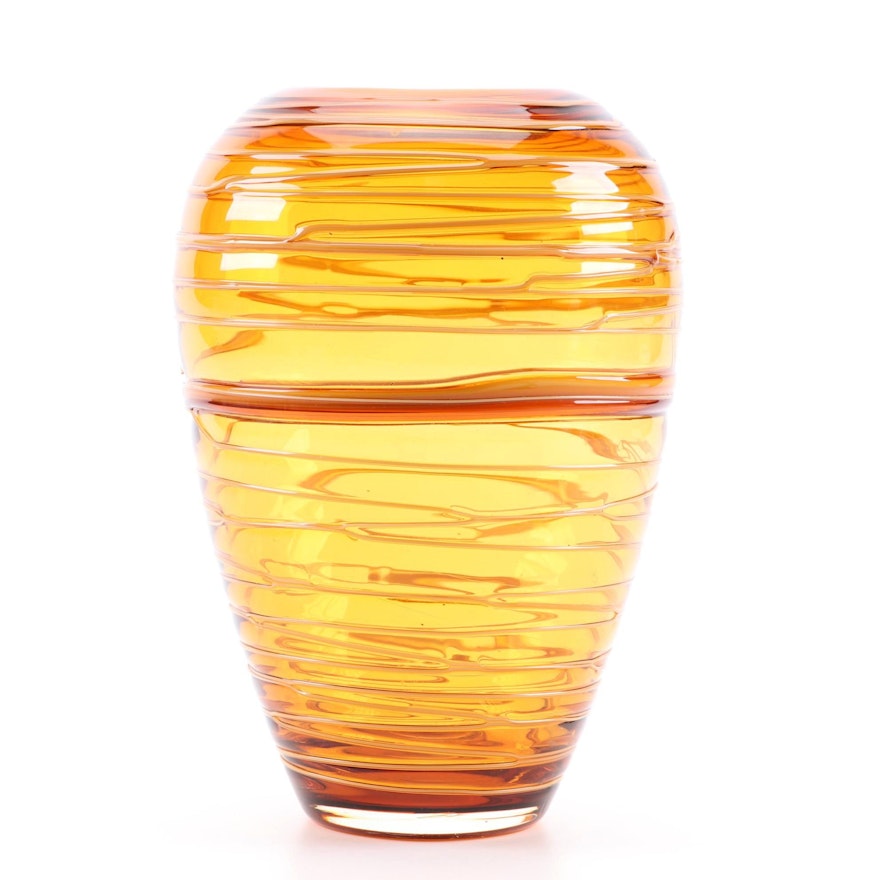 Amber Threaded Beehive Art Glass Vase, Mid to Late 20th Century