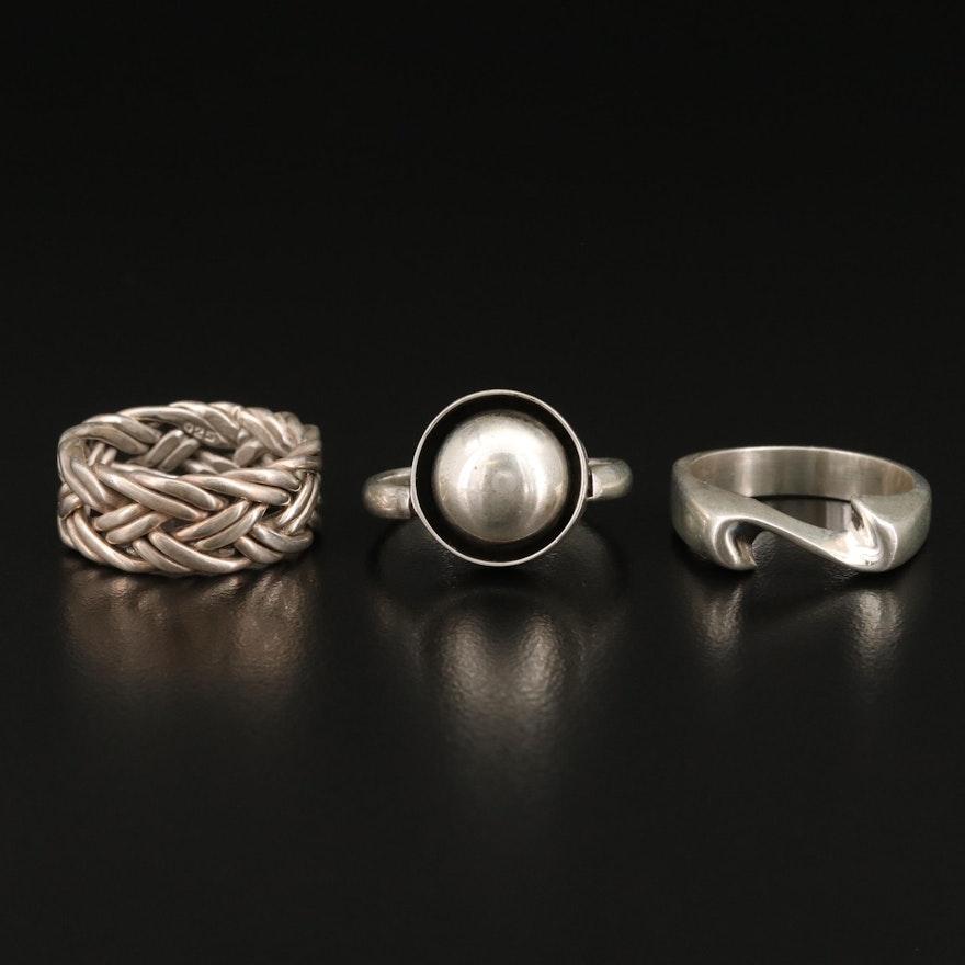 Sterling Silver Rings Featuring Domed and Woven Designs