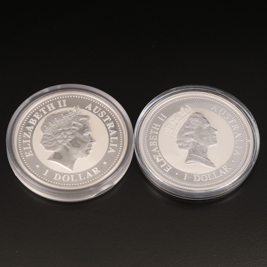 Two Australian 1-Oz. Kookaburra Silver Bullion Coins