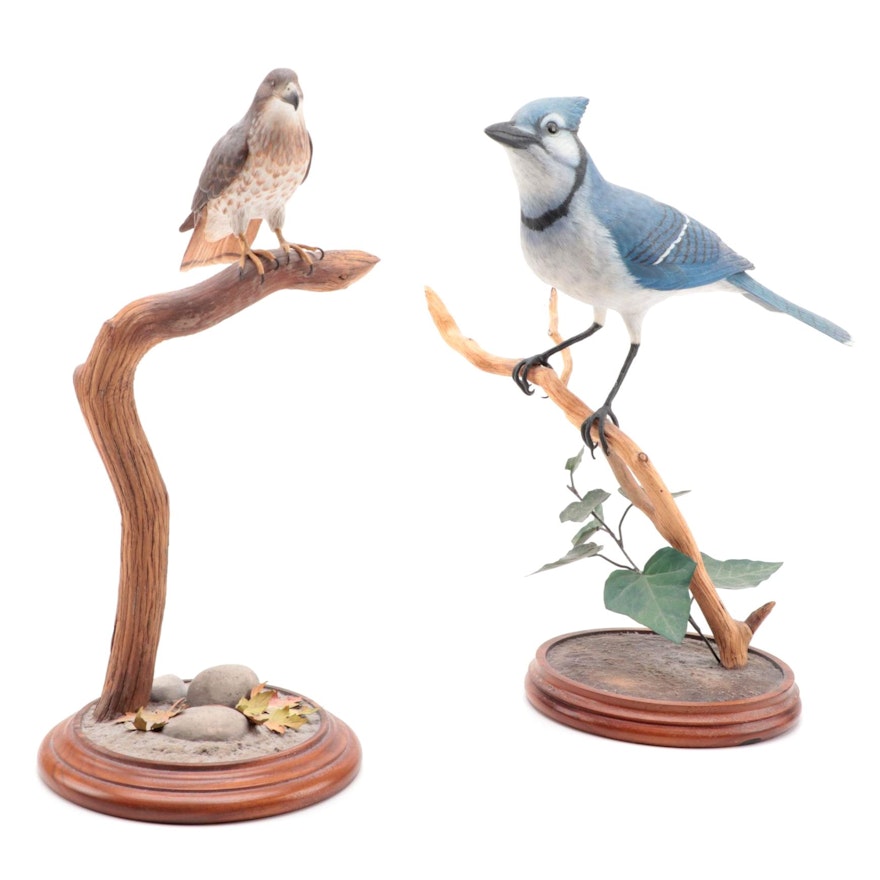 Jim Sams Hand-Painted Carved Wooden Bird Figurines, 1990s