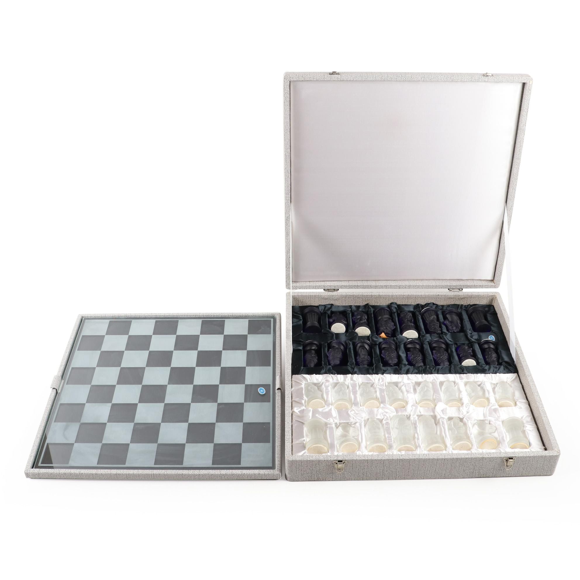 Bohemia Cobalt Blue and Frosted Glass Chess Set in Case