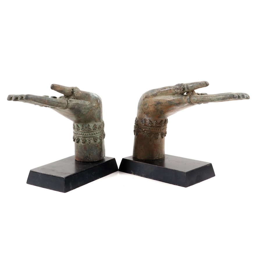 Buddhist Mudra Patinated Metal Figurines on Lacquerware Bases