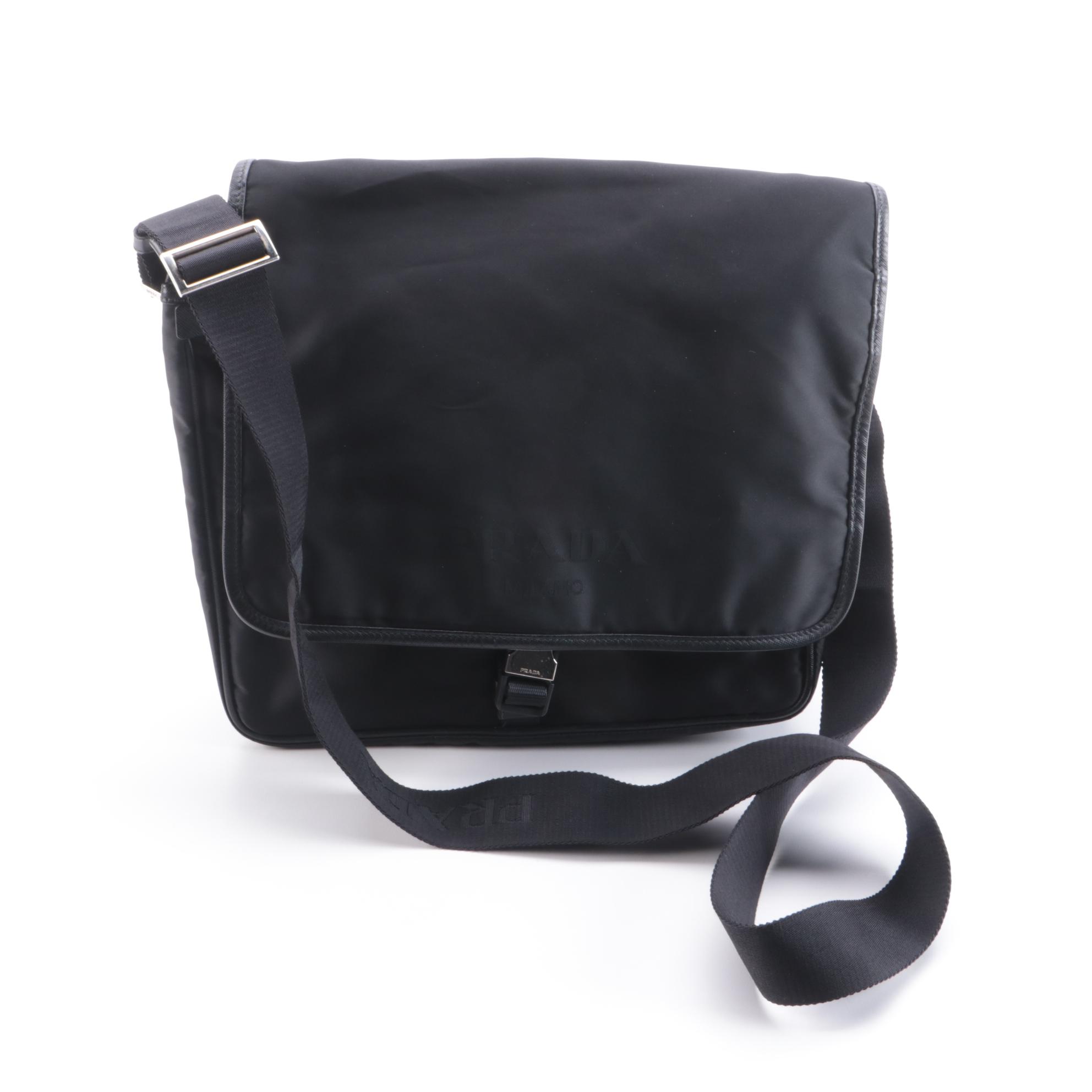 Prada Logo Black Nylon Messenger Bag with Saffiano Leather Trim