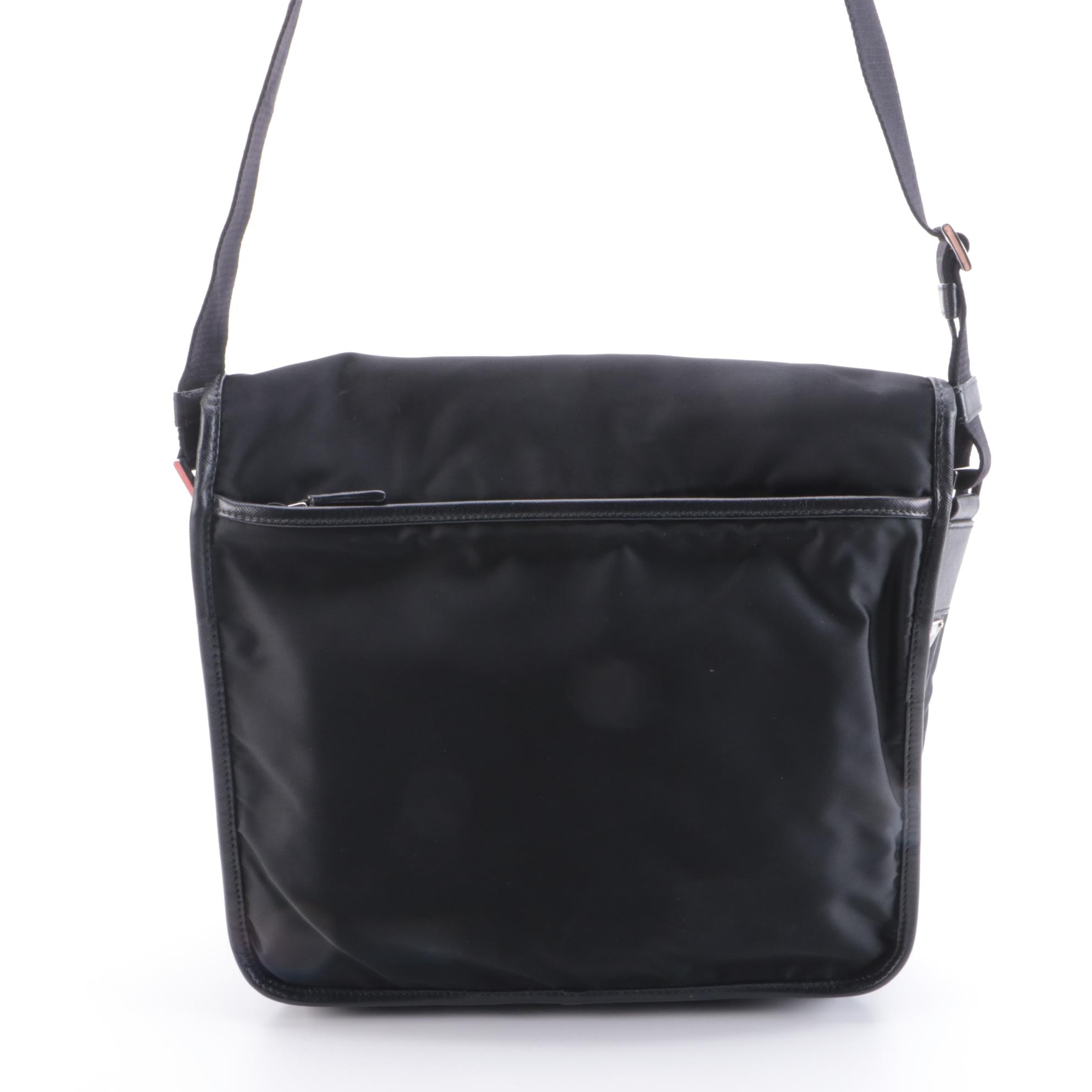 Prada Logo Black Nylon Messenger Bag with Saffiano Leather Trim