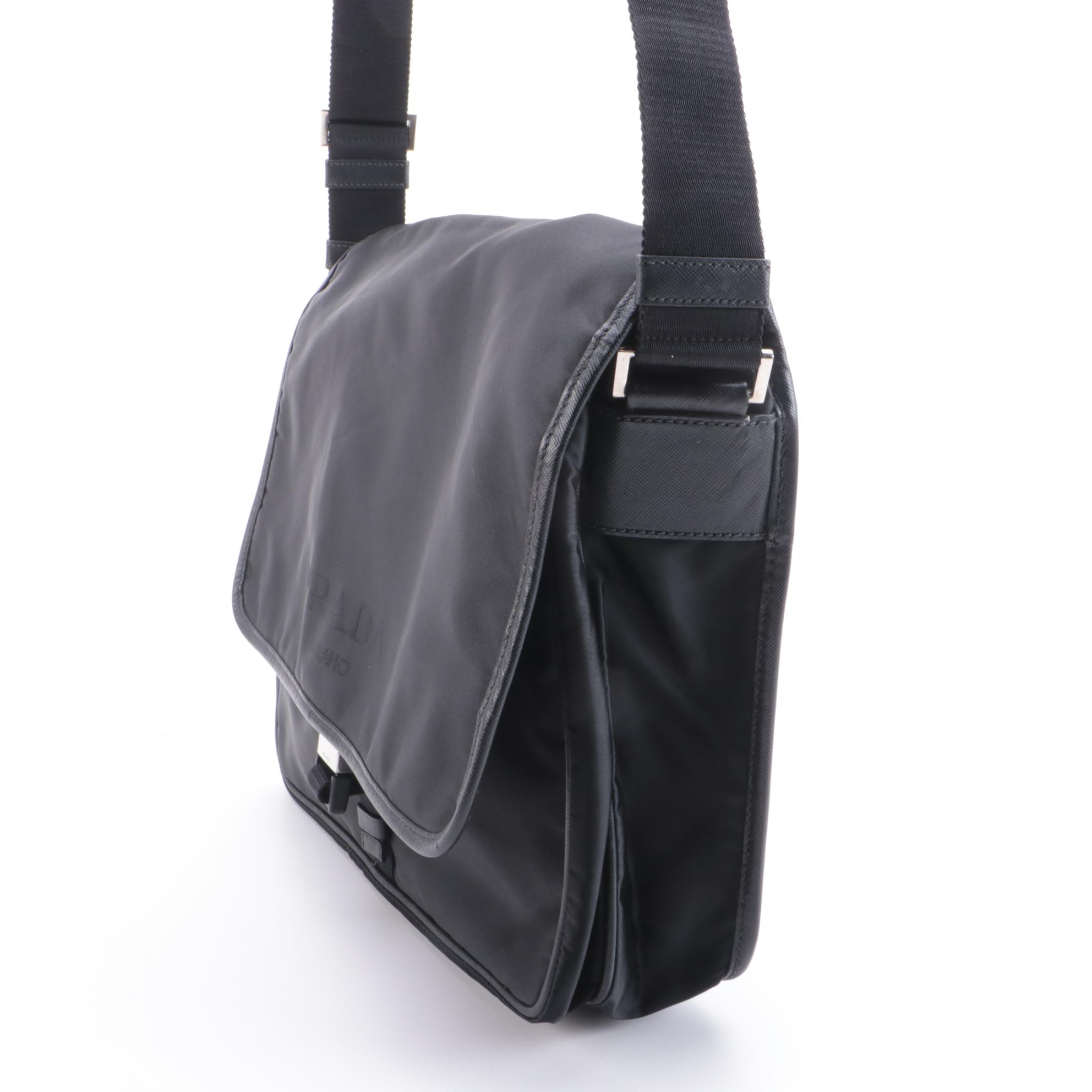 Prada Logo Black Nylon Messenger Bag with Saffiano Leather Trim