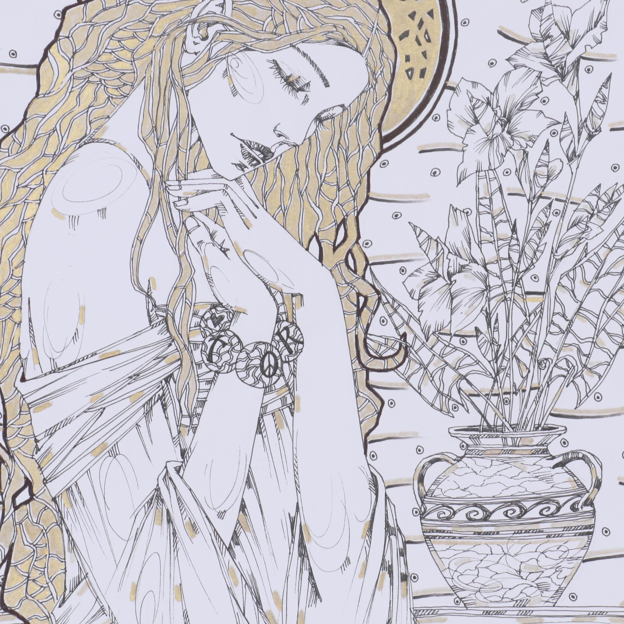 Maria Ramazanova Embellished Ink Drawing of Figure with Potted Plants