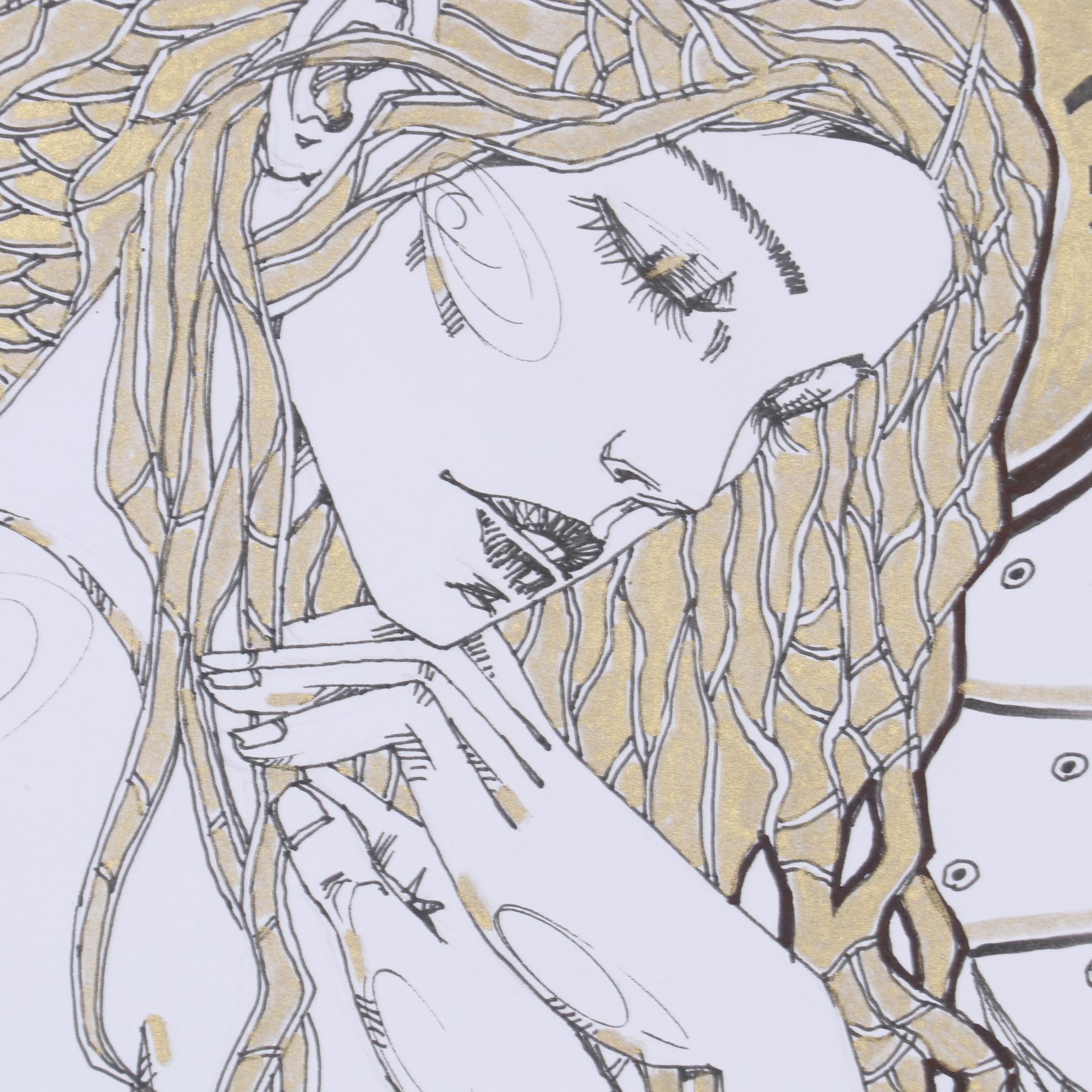 Maria Ramazanova Embellished Ink Drawing of Figure with Potted Plants