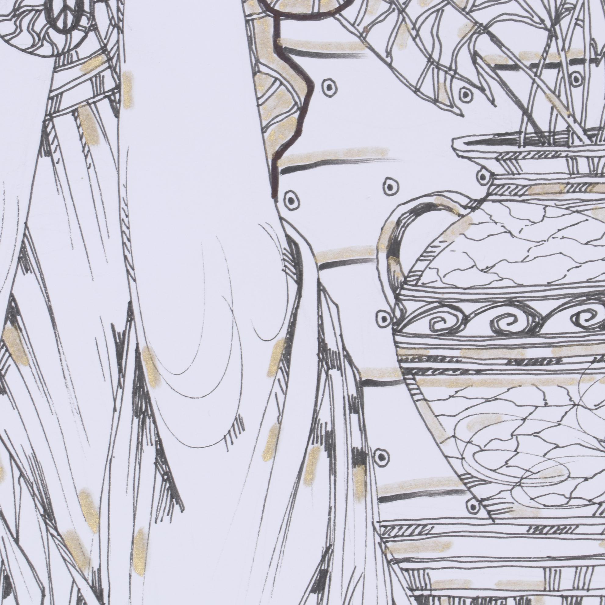 Maria Ramazanova Embellished Ink Drawing of Figure with Potted Plants